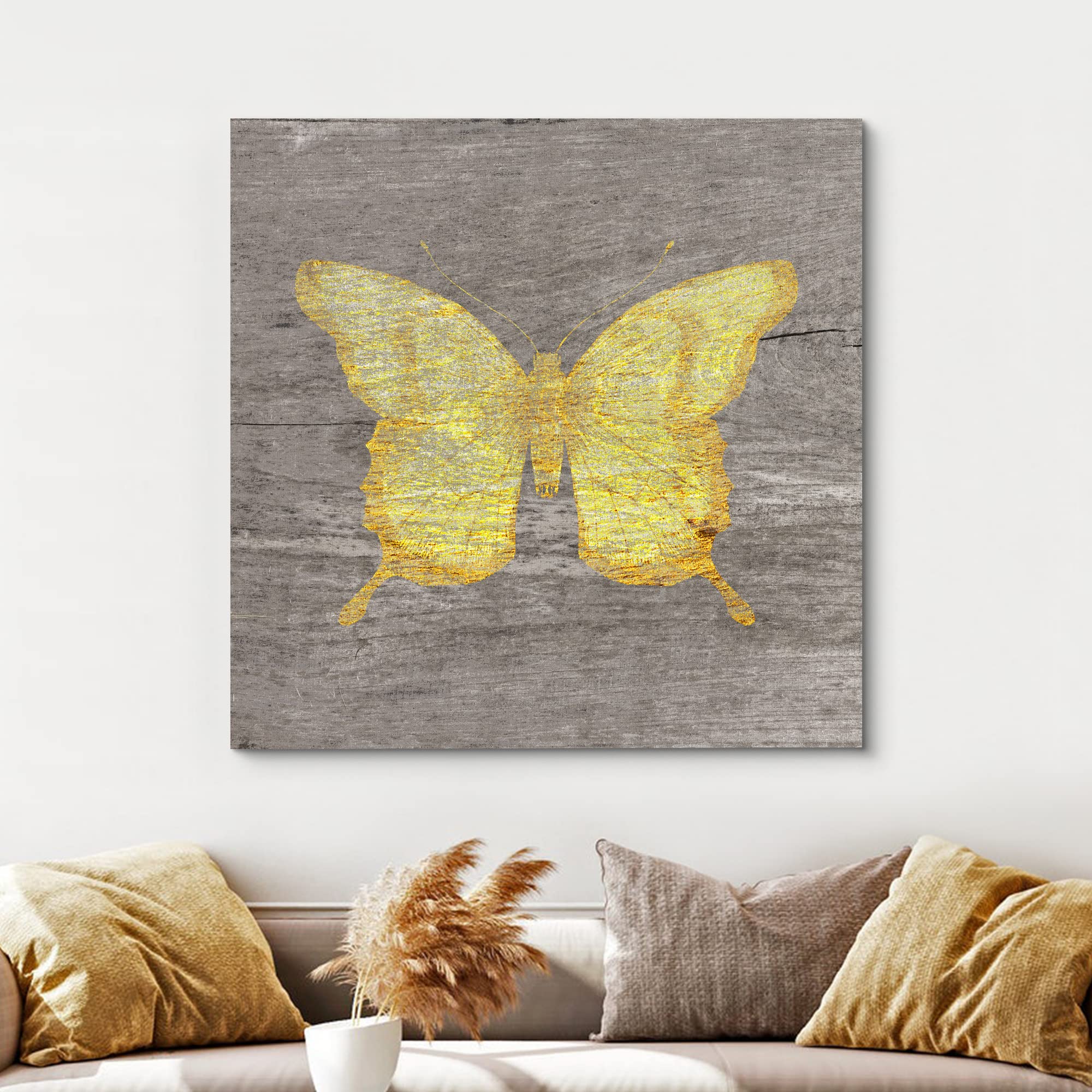 Wall26 Canvas Print Wall Art Yellow Wood Effect Butterfly Nature Plants Wood Panels Modern Art Farmhouse/Country Colorful Multic