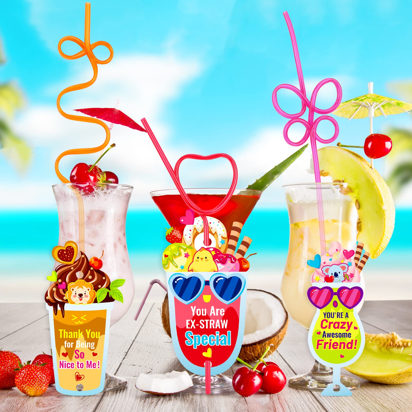Qpout 32 Pack Valentines Day Cards For Kids,Funny Gift Cards With Loops Reusable Drinking Straws For Boys Girls Classroom Exchan