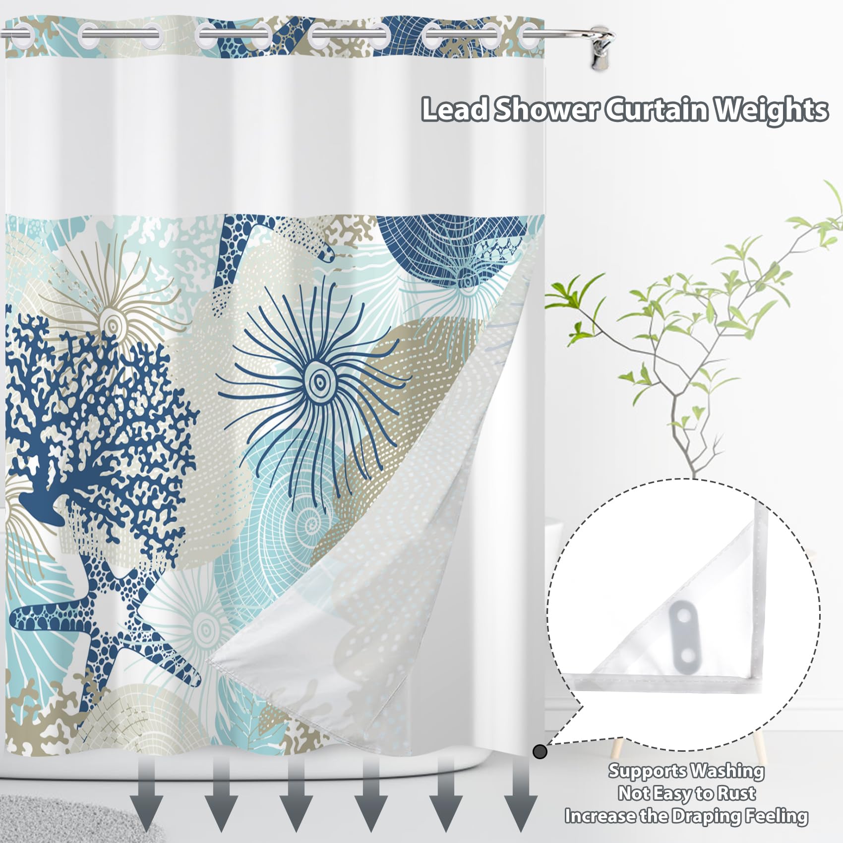 Yanutan No Hook Shower Curtain,Blue Ocean Double-Layered Shower Curtain With Snap-In Liner And Weights,Starfish Coral Nautical C