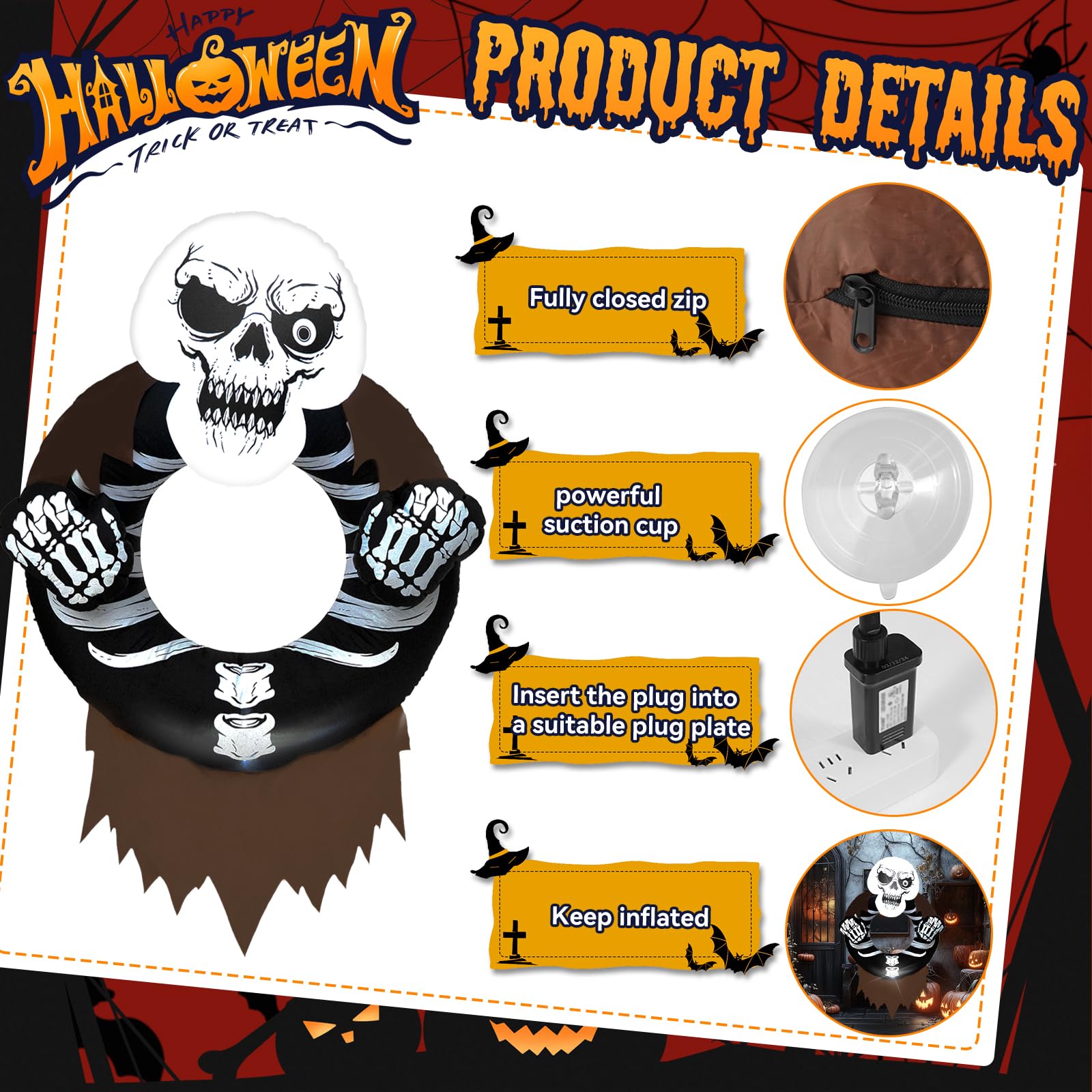 Halloween Inflatable, SHDEJTG 7FT Skull Wreath Inflatable Decoration, with Suction Cup and Hanging Rope, with LED Lights Built-i