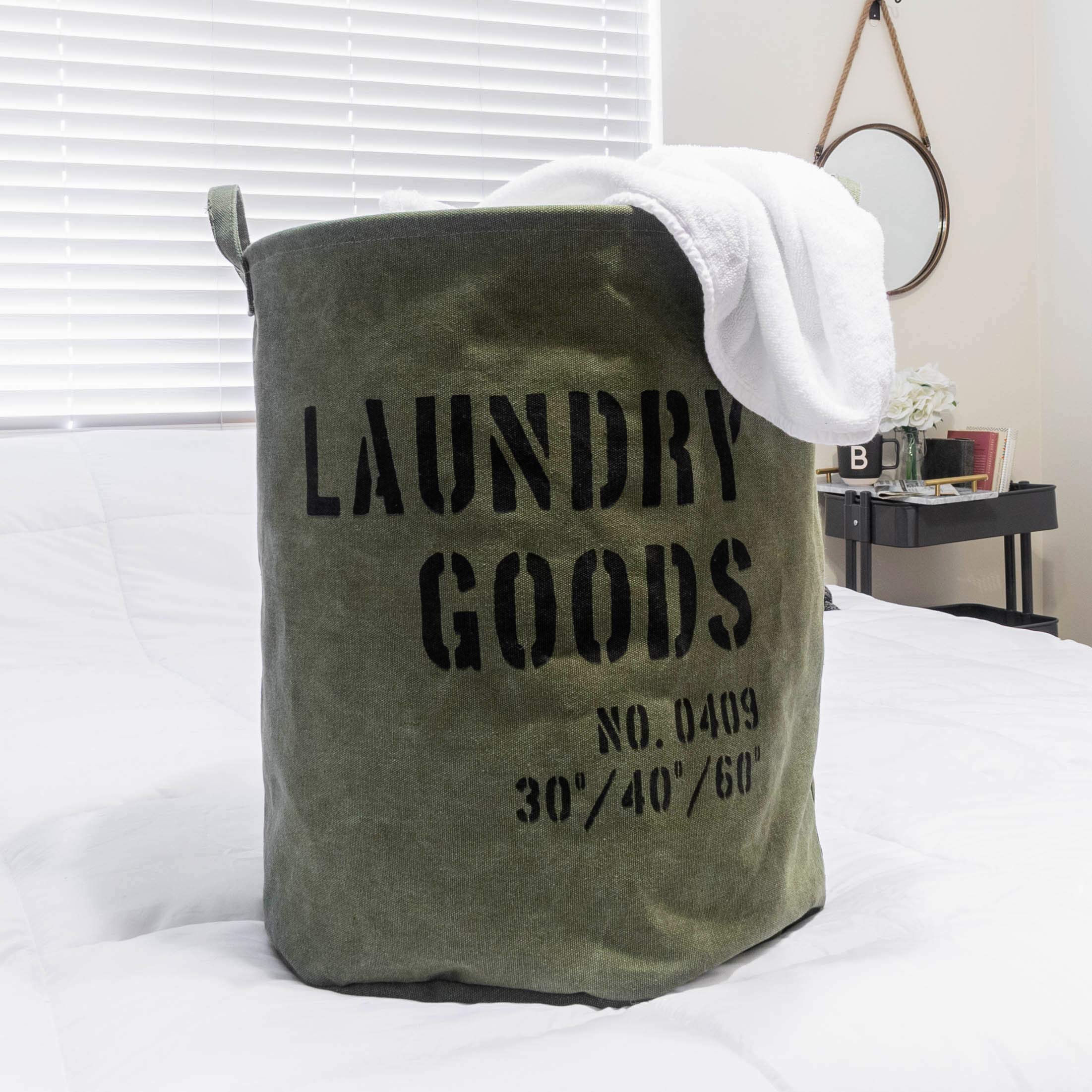 Danya B. Ly952 Decorative Collapsible Portable Fabric Laundry Basket - Foldable Canvas Clothes Hamper With Handles - Khaki Green