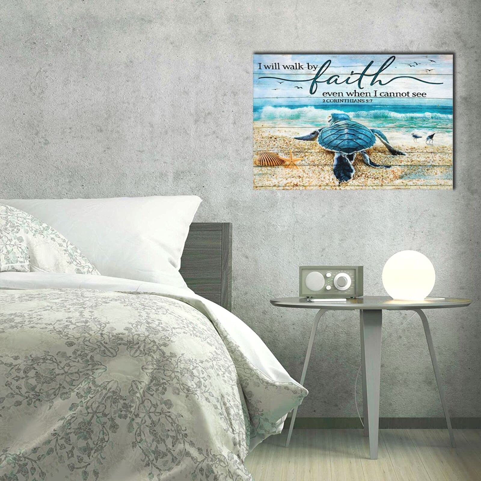Tourrest Scripture Holy Bible Wall Art Teal Sea Turtle Walk By Faith Canvas Print Inspirational Quote Framed Blue Ocean Beach Co