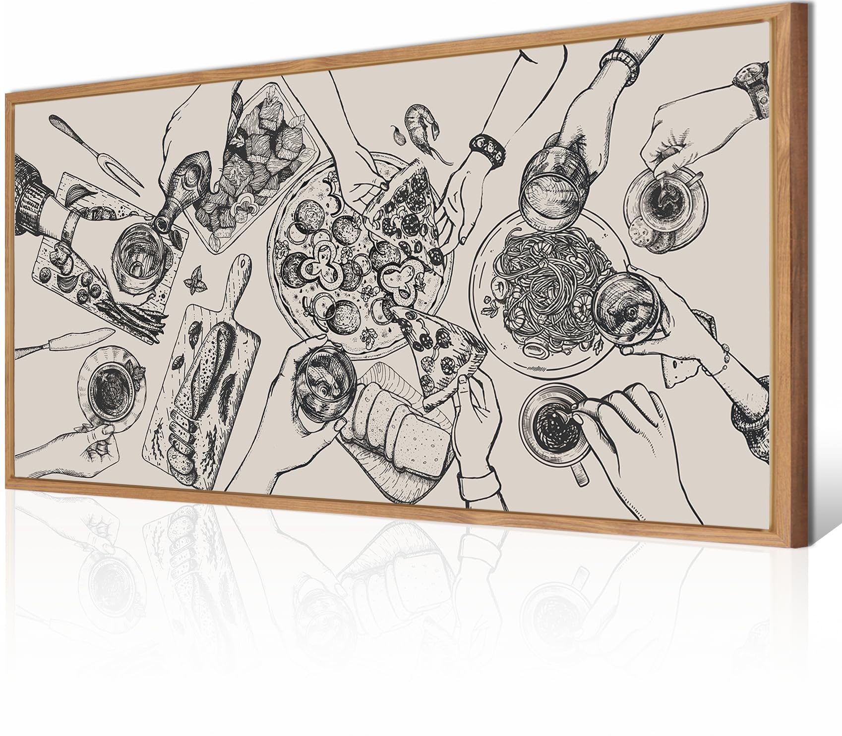 Bincue Large Framed Wall Art Food And Drink Canvas Wall Decor Pizza Cheers Sketch Painting Retro Canvas Wall Art For Kitchen Din