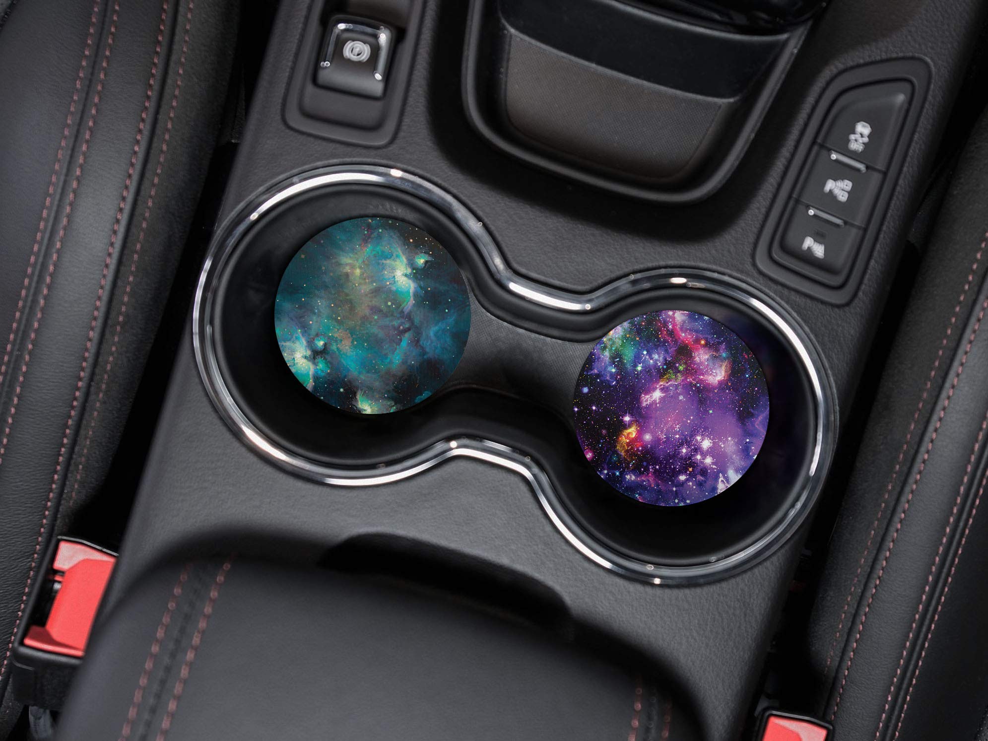 Caribou Coasters, Blue Sky Galaxy Nebula + Purple Nebula Galaxy Design Absorbent Round Fabric Felt Neoprene Car Coasters For Dri