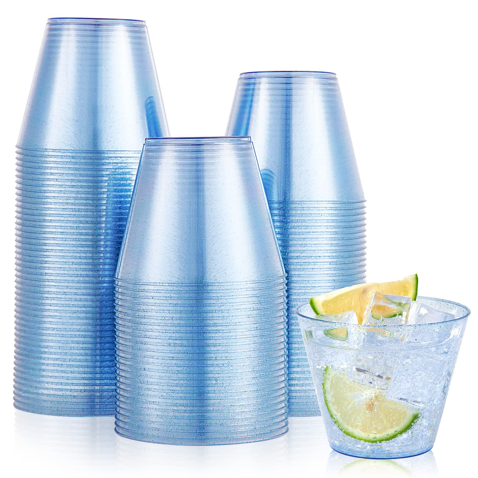 Jolly Chef 100 Pack 9 Oz Blue Plastic Cups, Blue Disposable Cups Tumblers, Elegant Blue Glitter Party Cups, Drinking Cups Perfec
