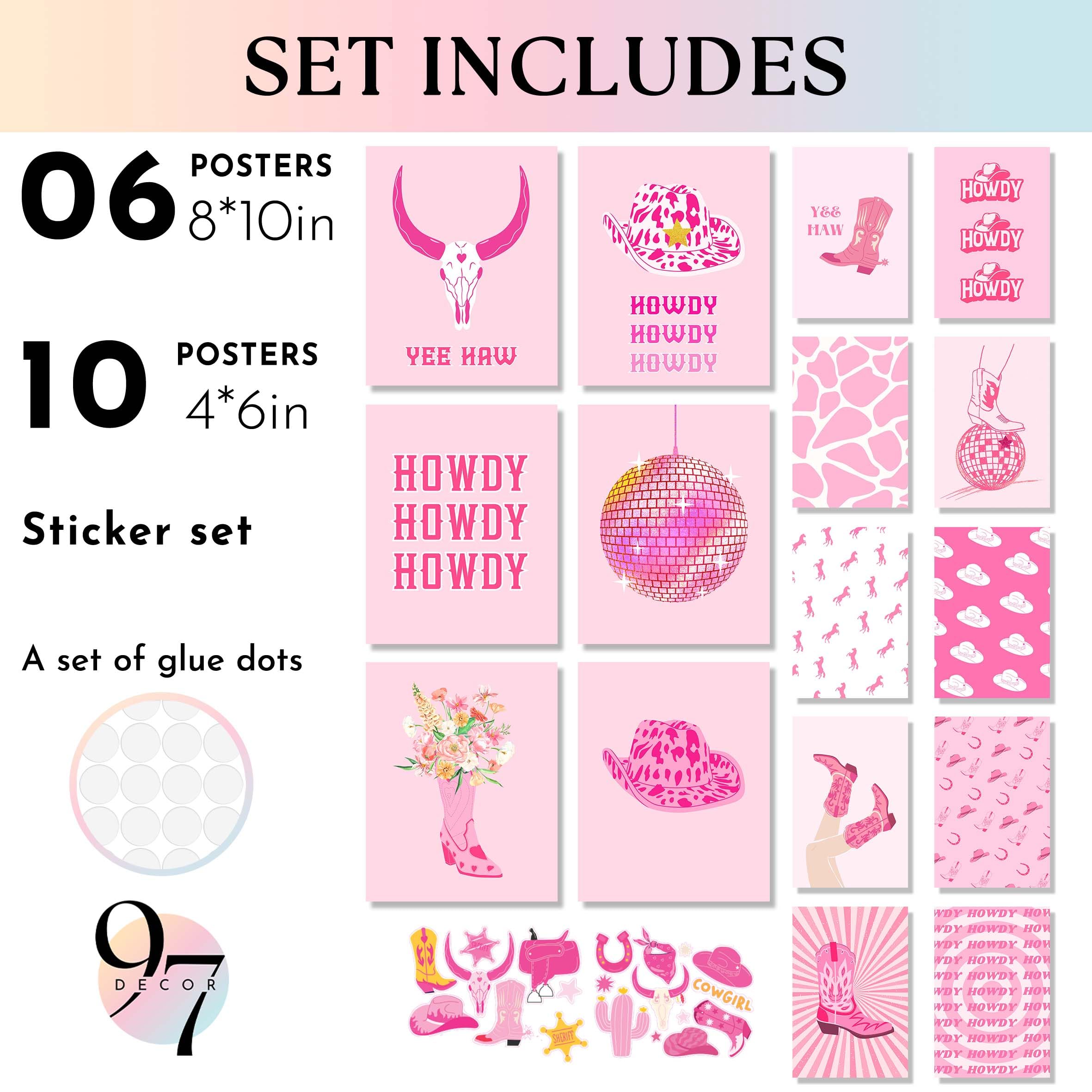 97 Decor Preppy Cowgirl Decor - Pink Disco Cowgirl Wall Art  Retro Western Preppy Posters  Preppy Room Decor Aesthetic Prints  Trendy Cowgirl Hat Boot Picture for Teen Girl Dorm (8x10 UNFRAMED)
