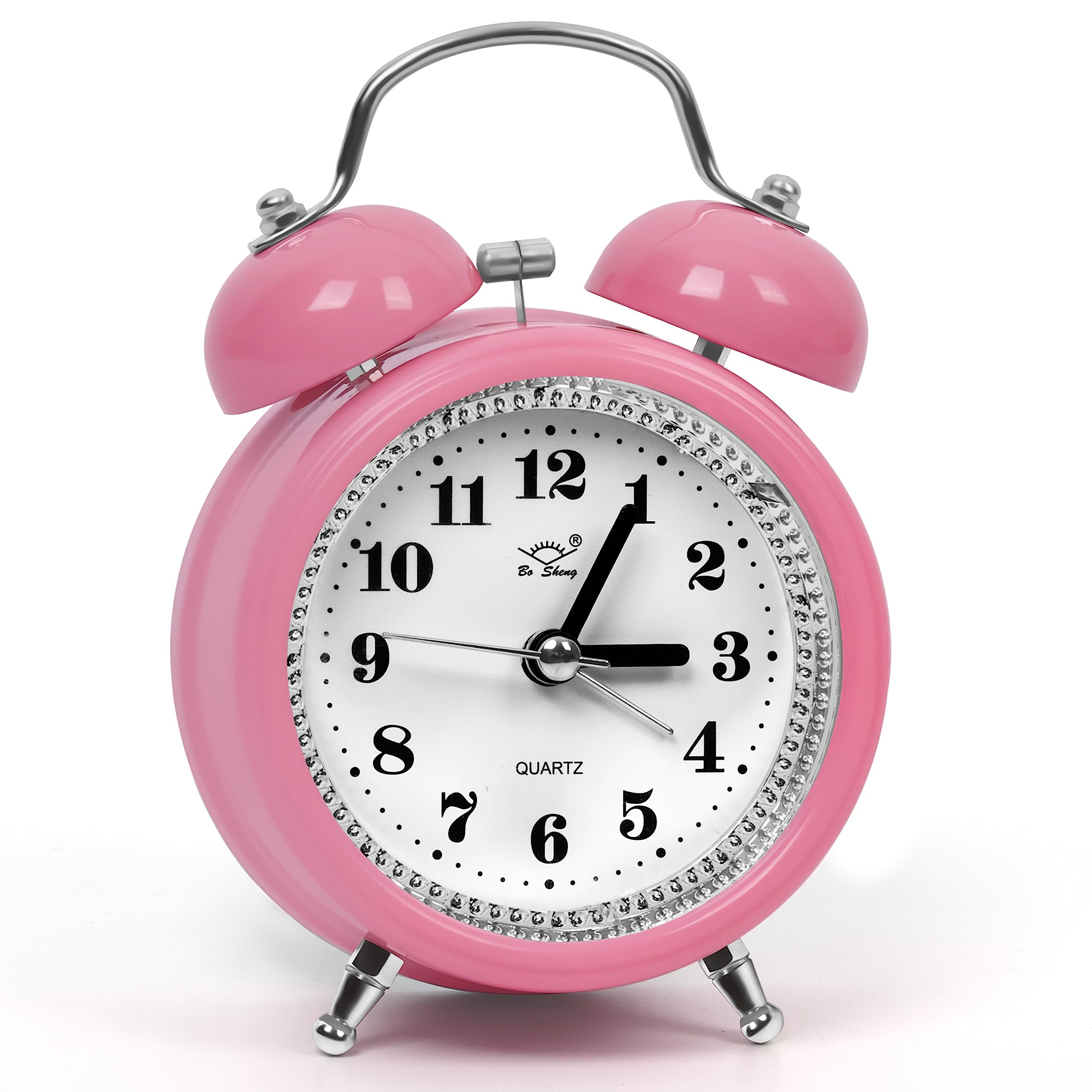 About Space 4 Inch Twin Bell Alarm Clock Round Silent Analog Desk/Non-Ticking With Night Light- Battery Powered Simple Design Fo