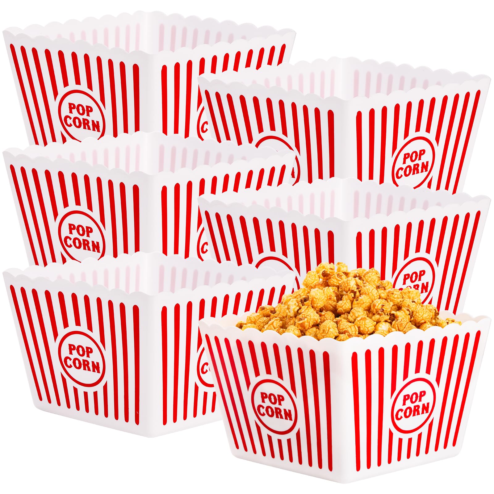 Bekith 6 Pack Plastic Open-Top Reusable Popcorn Boxes, Popcorn Containers Bucket Tub For Movie Night, 9'' Square X 6'' Tall