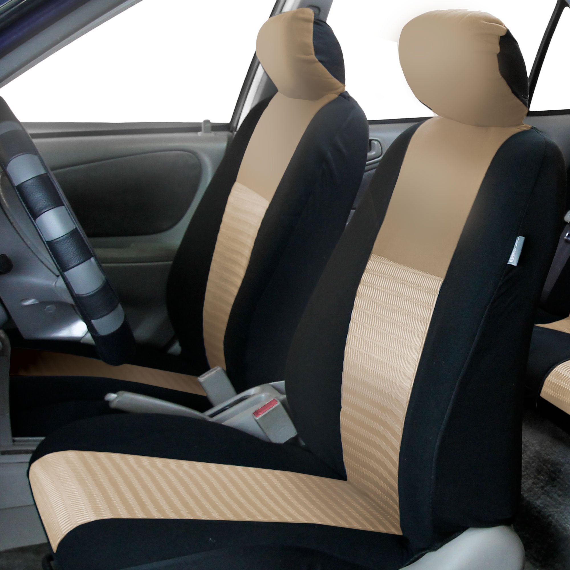 Fh Group Car Seat Covers Trendy Elegance Front Set Seat Covers, Airbag Compatible Beige And Black Car Seat Cover Universal Fit I