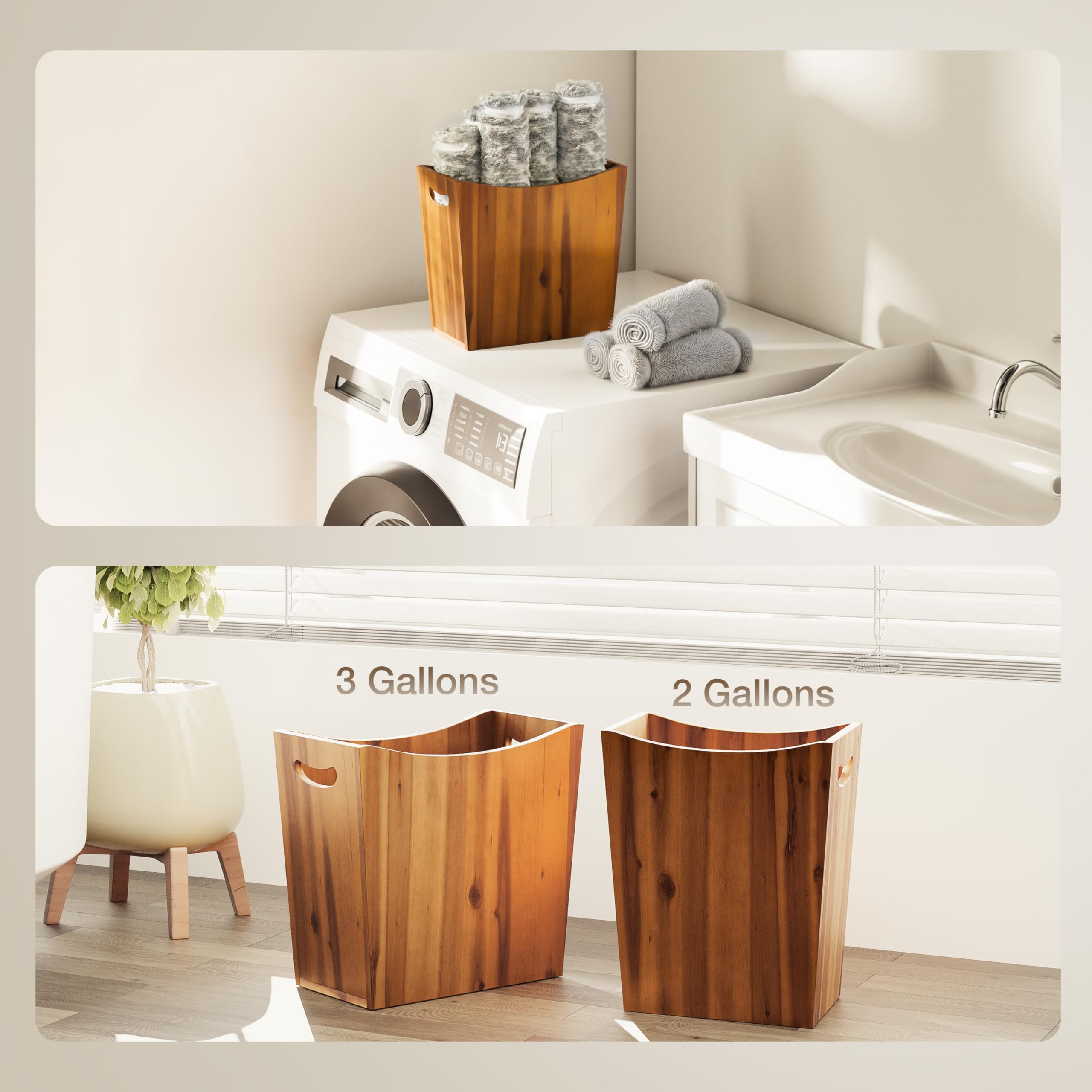 Tidita 3 Gallons Rectangular Wastebaskets - Acacia Wood Waste Basket With Handles - Small Trash Can For Bathroom - Brown Garbage
