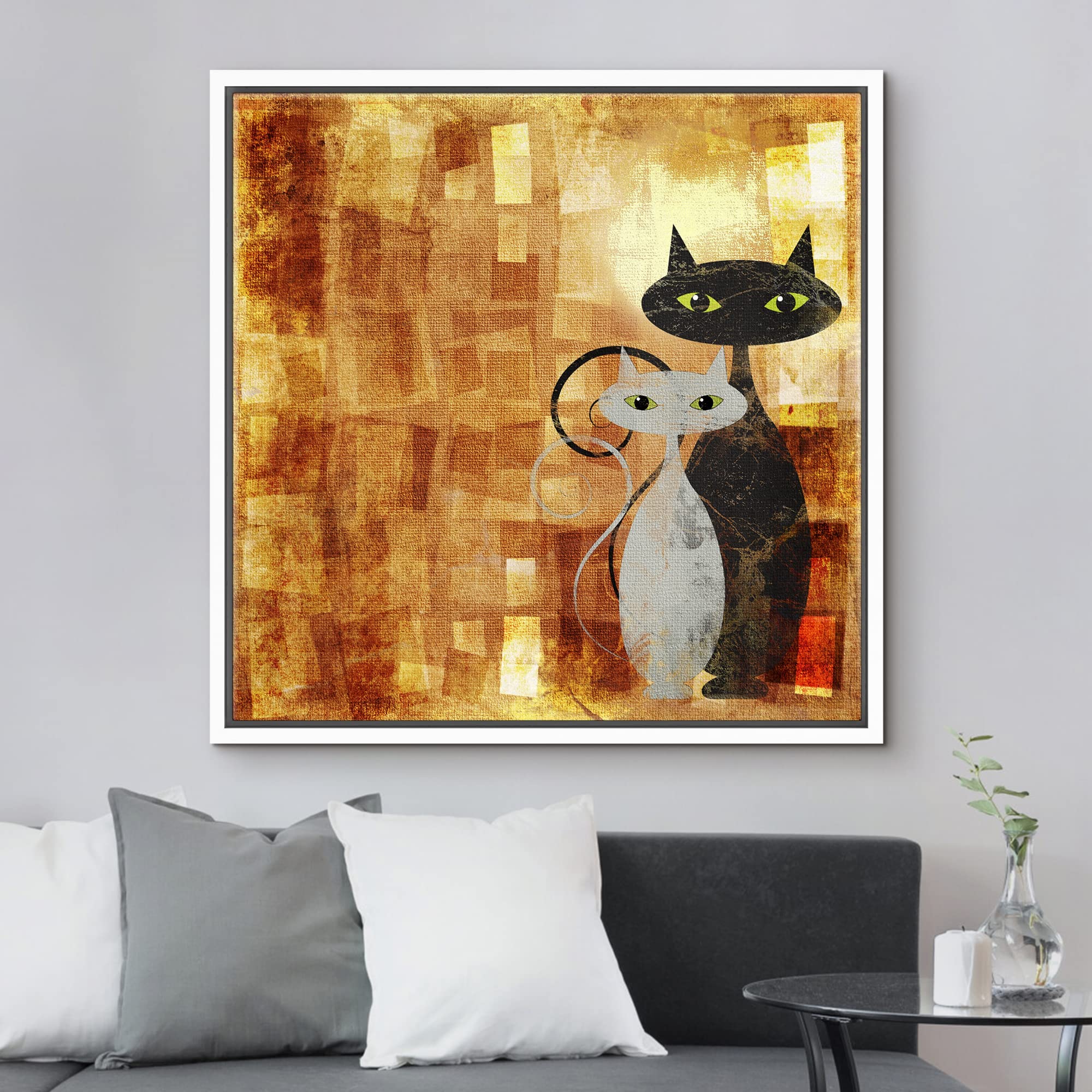 Wall26 - Framed Canvas Prints Wall Art - Black And White Cat On Orange Grunge Framed Canvas Modern Wall Art Stretched Gallery Fr