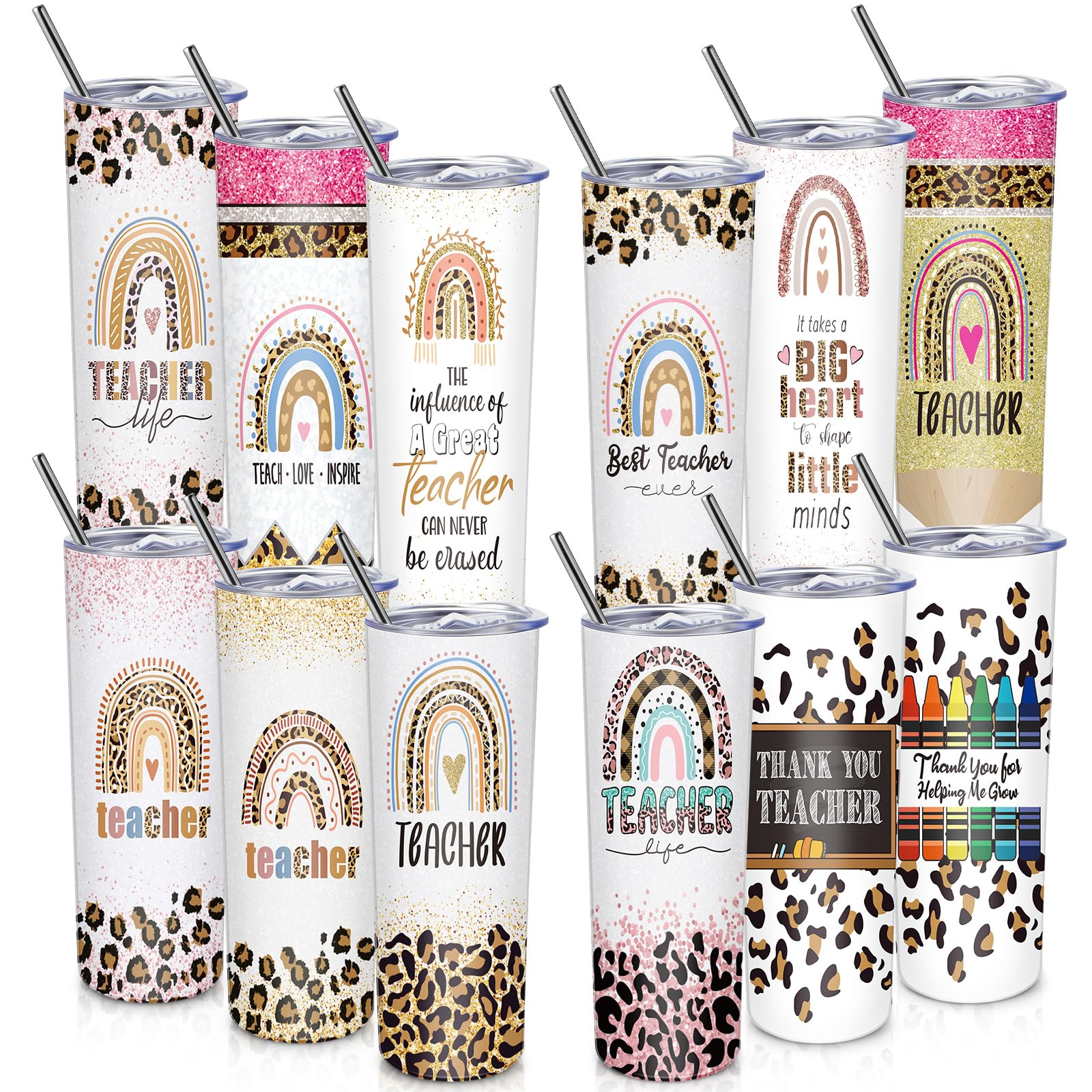 Tioncy Teacher Appreciation Gifts for Women 12 Pcs Stainless Tumbler Bulk 20oz Rainbow Water Bottle Gift for Birthday Christmas 