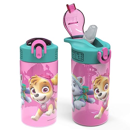 Zak Designs Kids Durable Plastic Spout Cover and Built-in Carrying Loop  Leak-Proof Water Design for Travel  (16oz  2pc Set)  Paw Patrol Skye Bottle 2pk