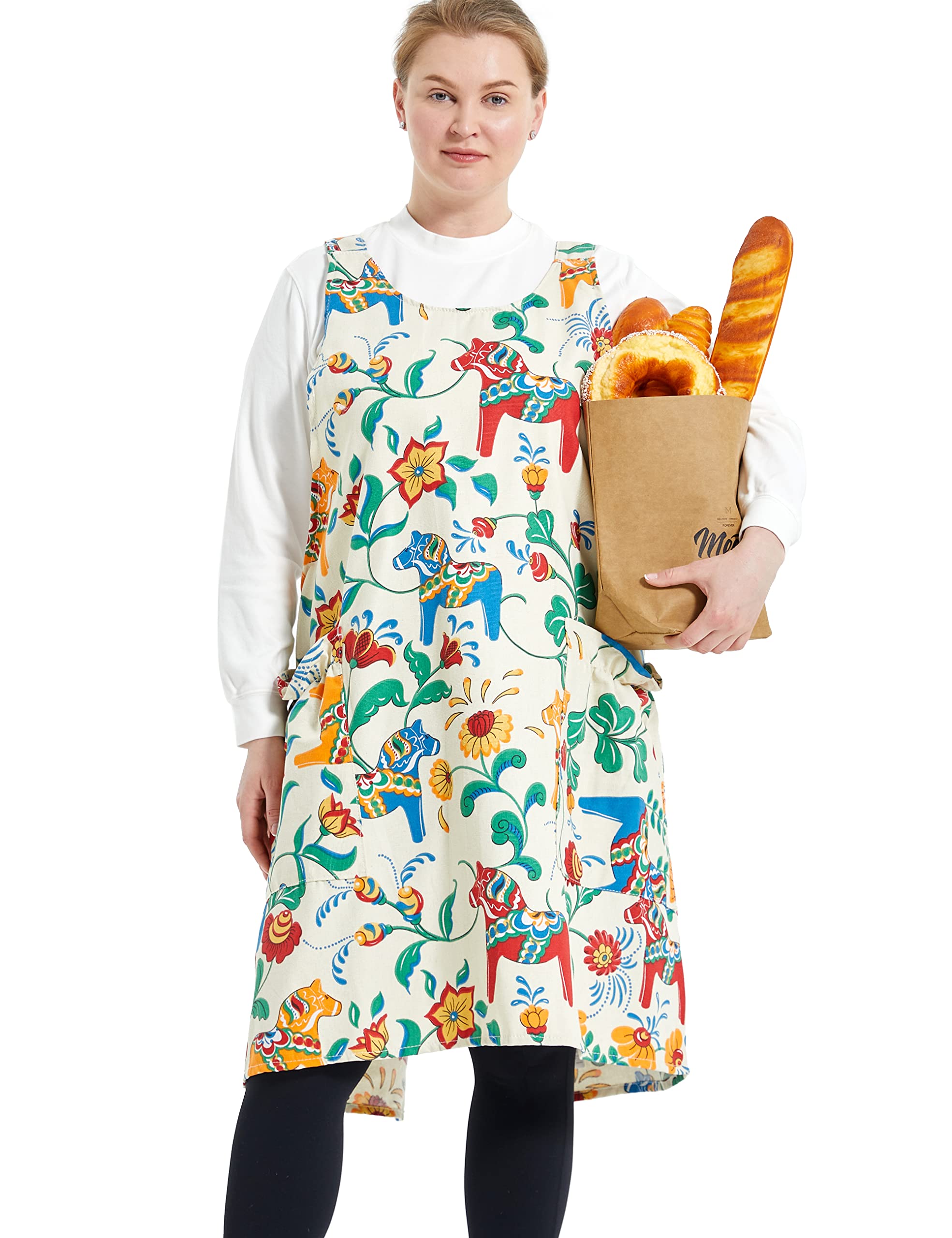 Apronner Big Plus Size Aprons For Women With Pockets Cotton Linen Baking Kitchen Cooking Trojan Horse