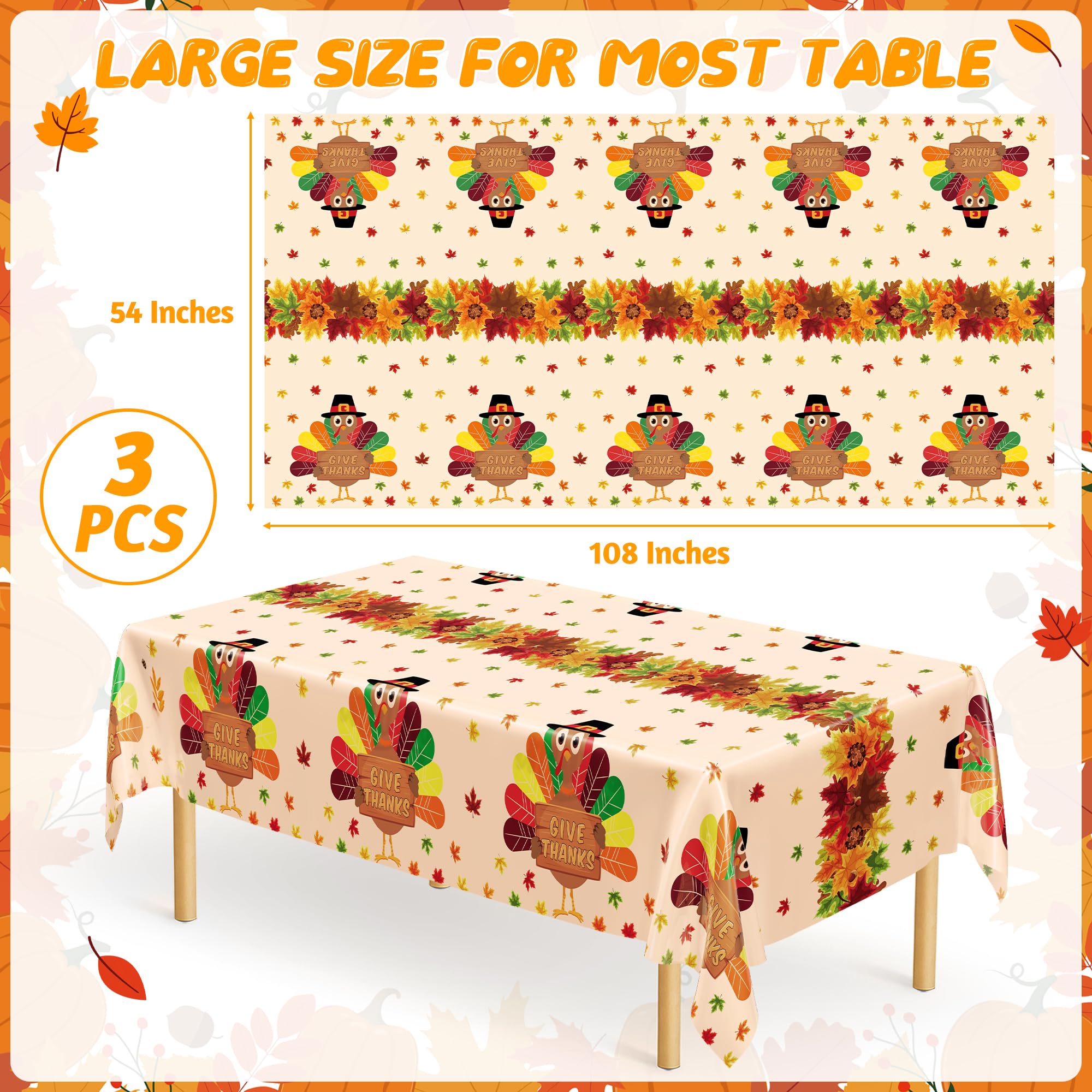 QZYL 3 Pack Thanksgiving Tablecloths, 54 x 108 Fall Disposable Table Cloth, Maple Leaves Turkey Tablecloth Rectangle Plastic Tab