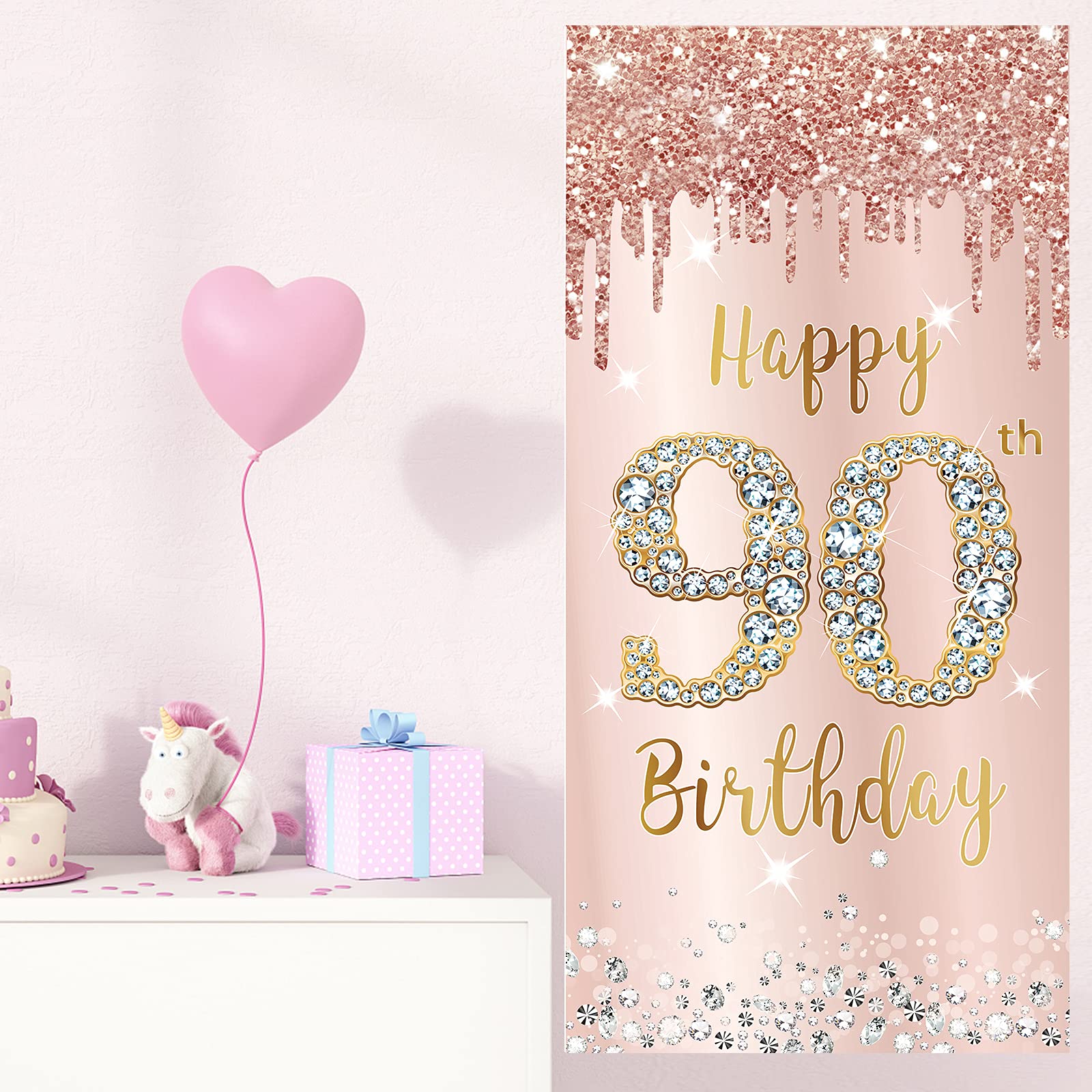 90Th Birthday Door Banner Decorations For Women, Pink Rose Gold Happy 90Th Birthday Door Cover Backdrop Party Supplies, Large 90