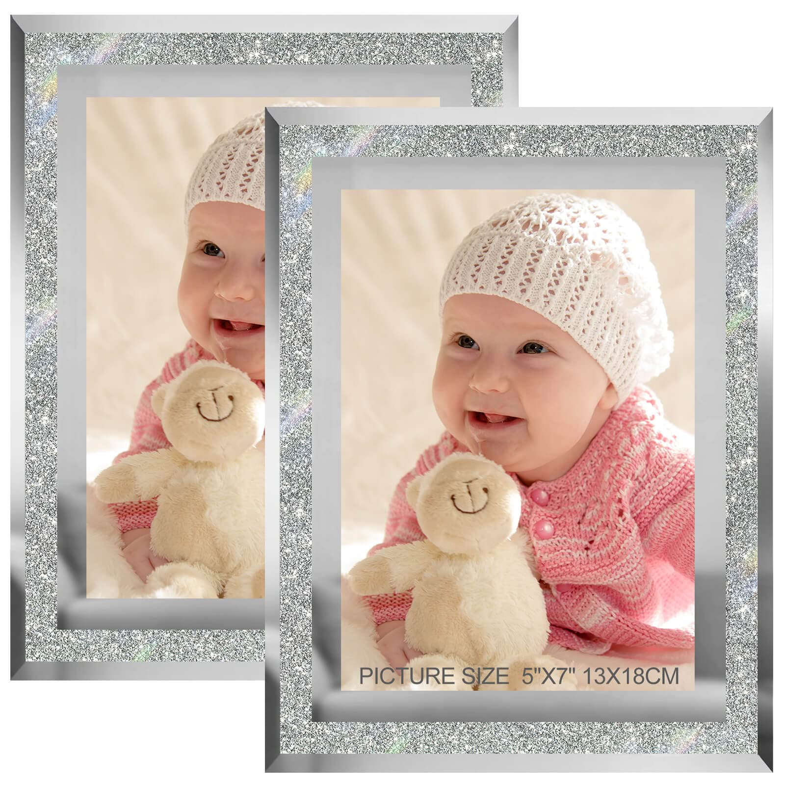 HIKWADERY 5x7 Picture Frames Silver - Set of 2, Sparkle Real Glass 5 by 7 Photo Frame Mirrored Edge Great Gift, for Tabletop or 