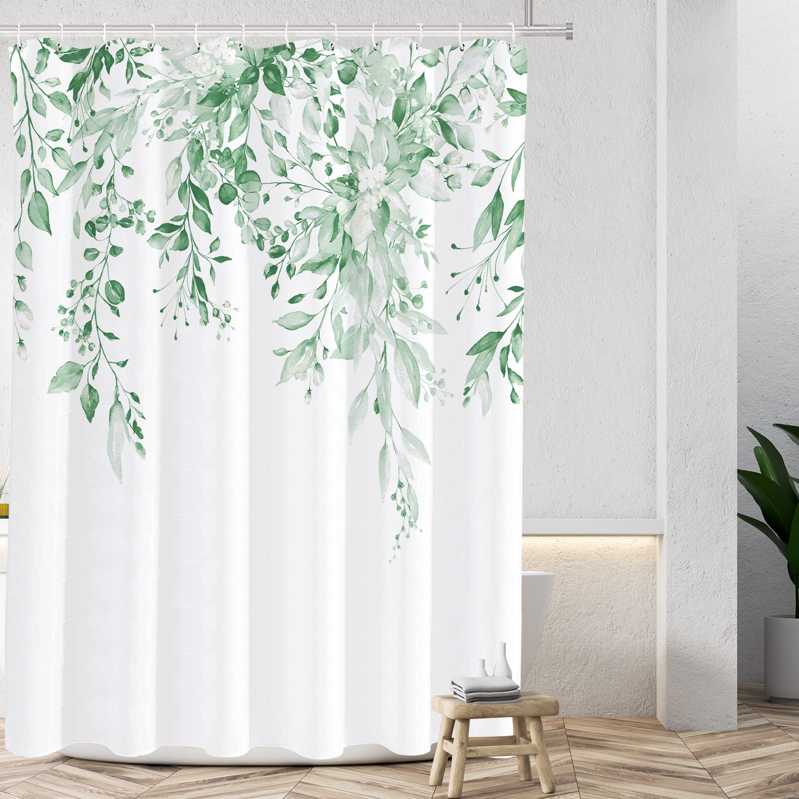 Tititex Mint Green Eucalyptus Shower Curtain Sets, Watercolor Leaves On The Top Plant With Floral Bathroom Decoration 72X72 Inch