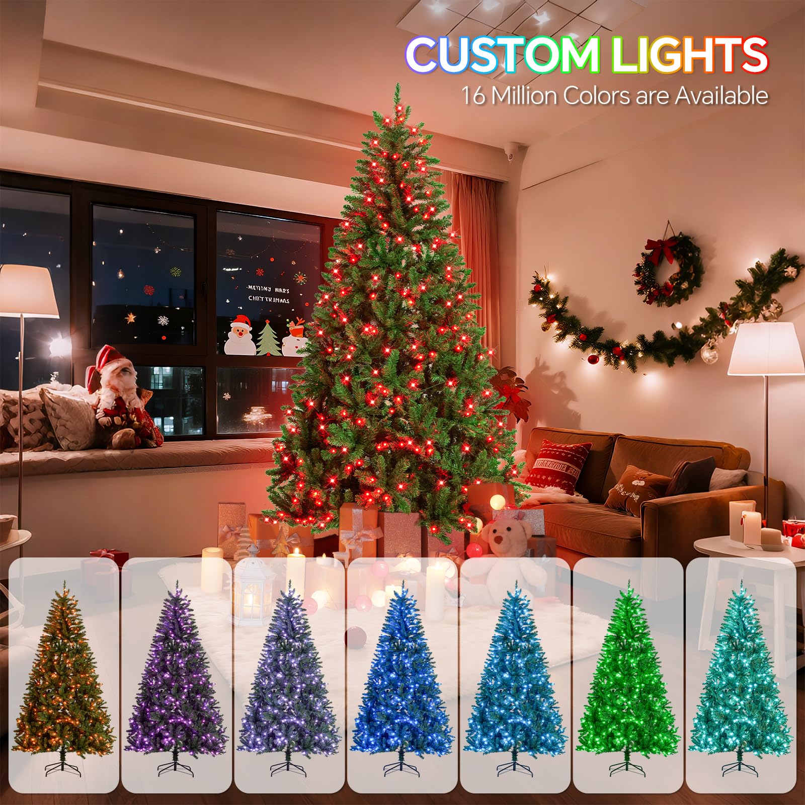 HOLILLUMA 7.5FT Pre-lit Christmas Tree, RGB Color Changing Smart Artificial Christmas Tree with Lights, 1477 PVC Branch Tips, Ap