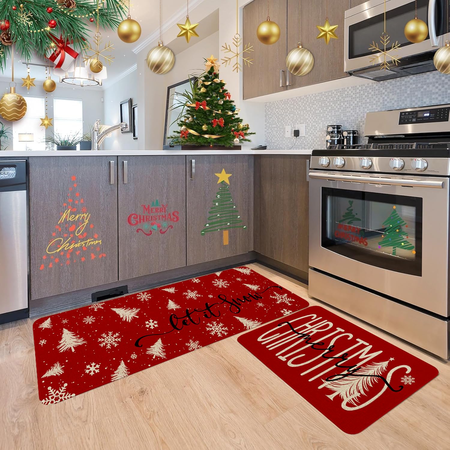 HSOWKDN Red Merry Christmas Kitchen Mat Decor, Xmas Tree Snowflake Winter Holiday Christmas Kitchen Rugs Sets of 2, Christmas Ru