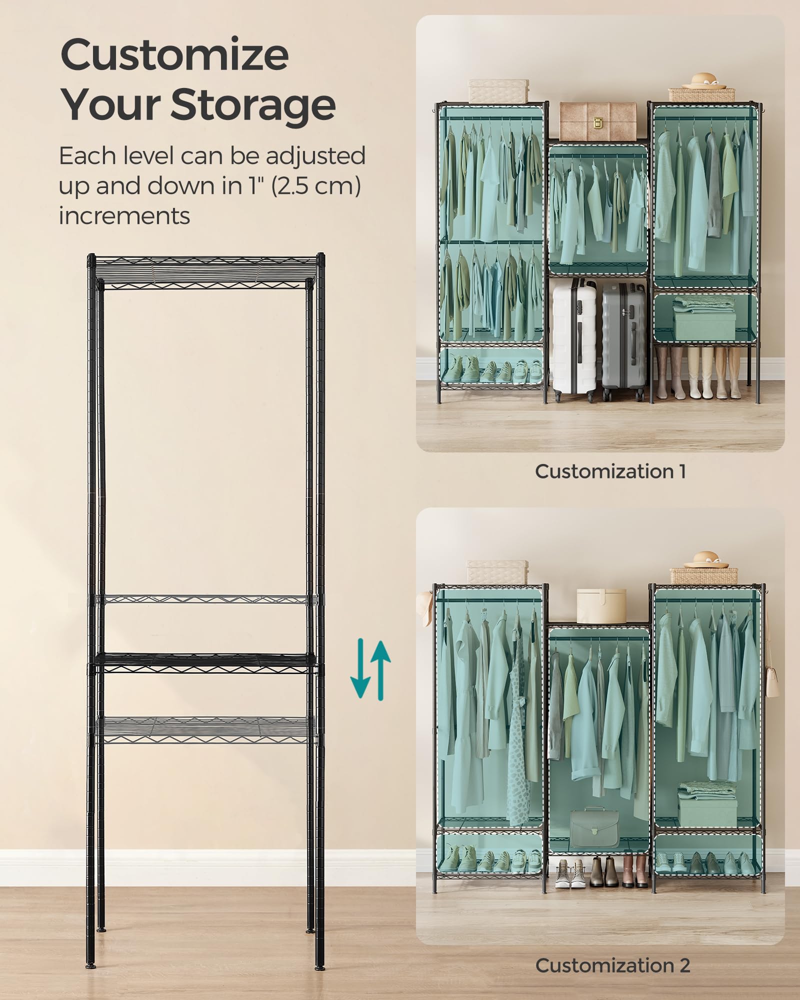Songmics Portable Wardrobe Closet Heavy Duty Clothes Rack, Freestanding Closet Organizer, Metal Garment Rack With Adjustable Wir