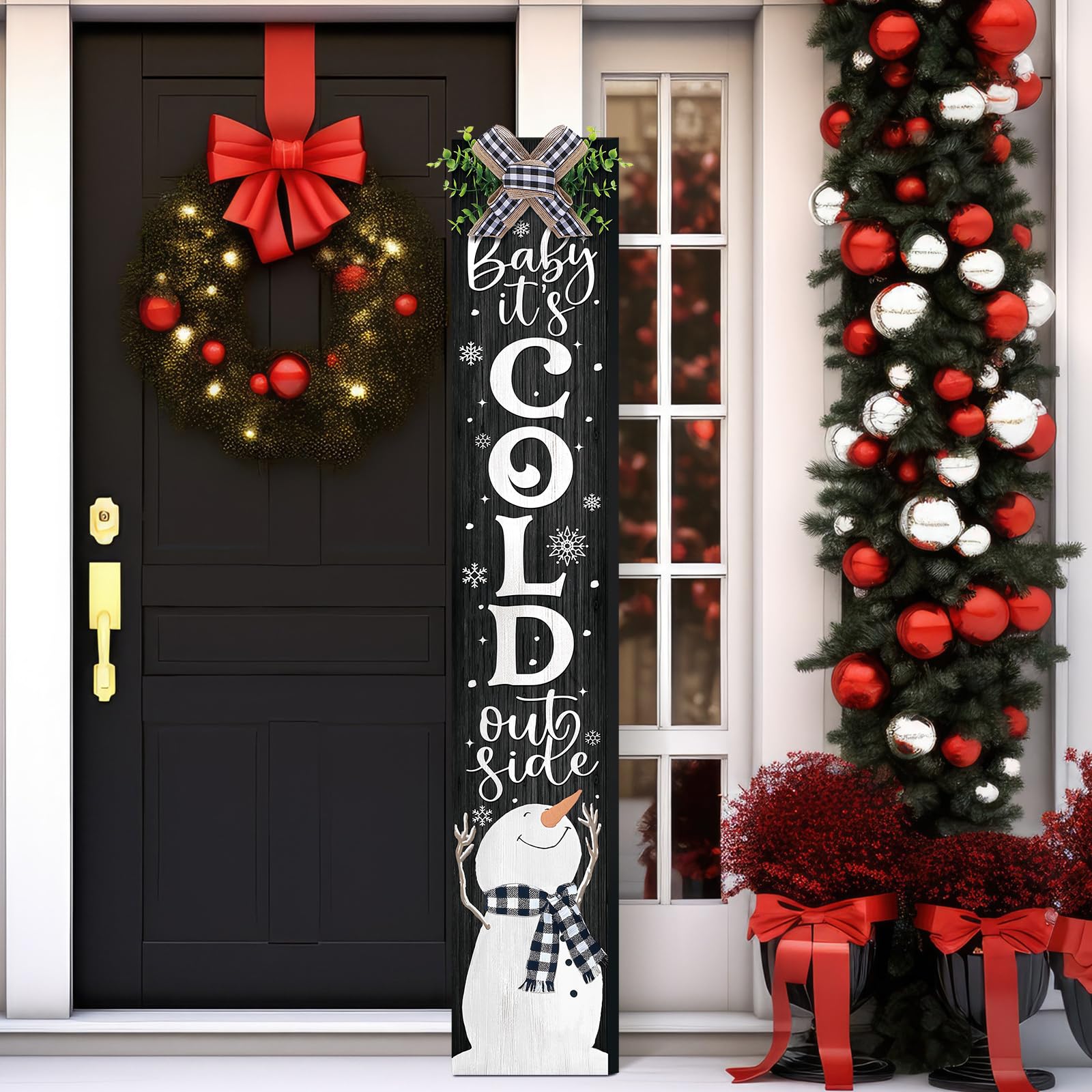 Chitidr Christmas Porch Sign Baby It's Cold Outside Snowman Hanging Decor 42'' Rustic Vertical Welcome Wooden Sign with Lanyard 