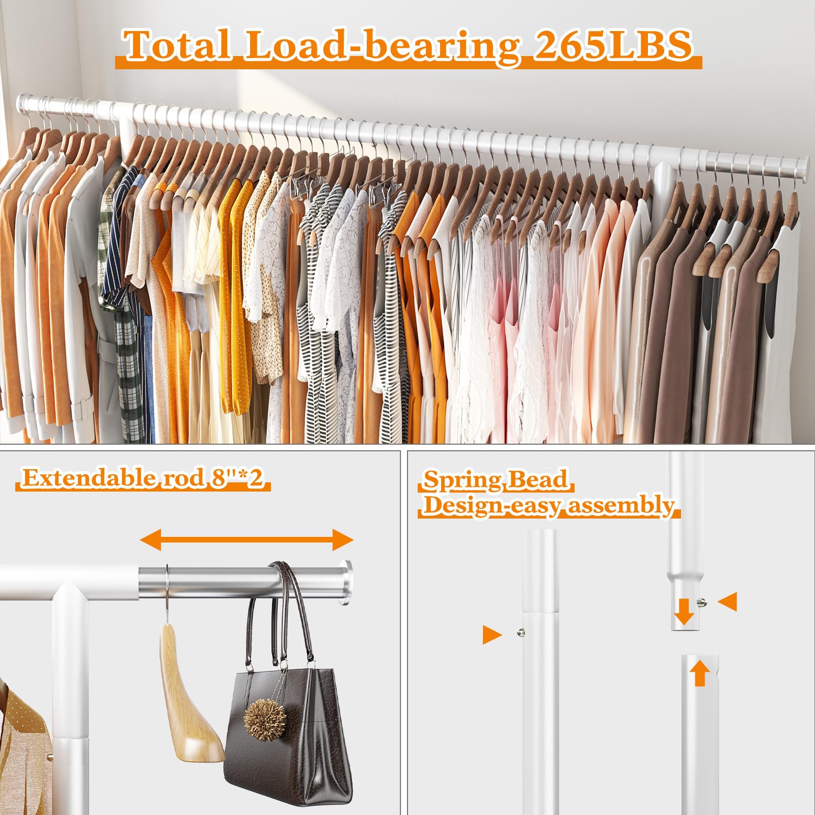 Raybee Heavy Duty Clothes Rack with Wheels, 77"W x 66"H x 24"D, Portable Metal Garment Rack, White