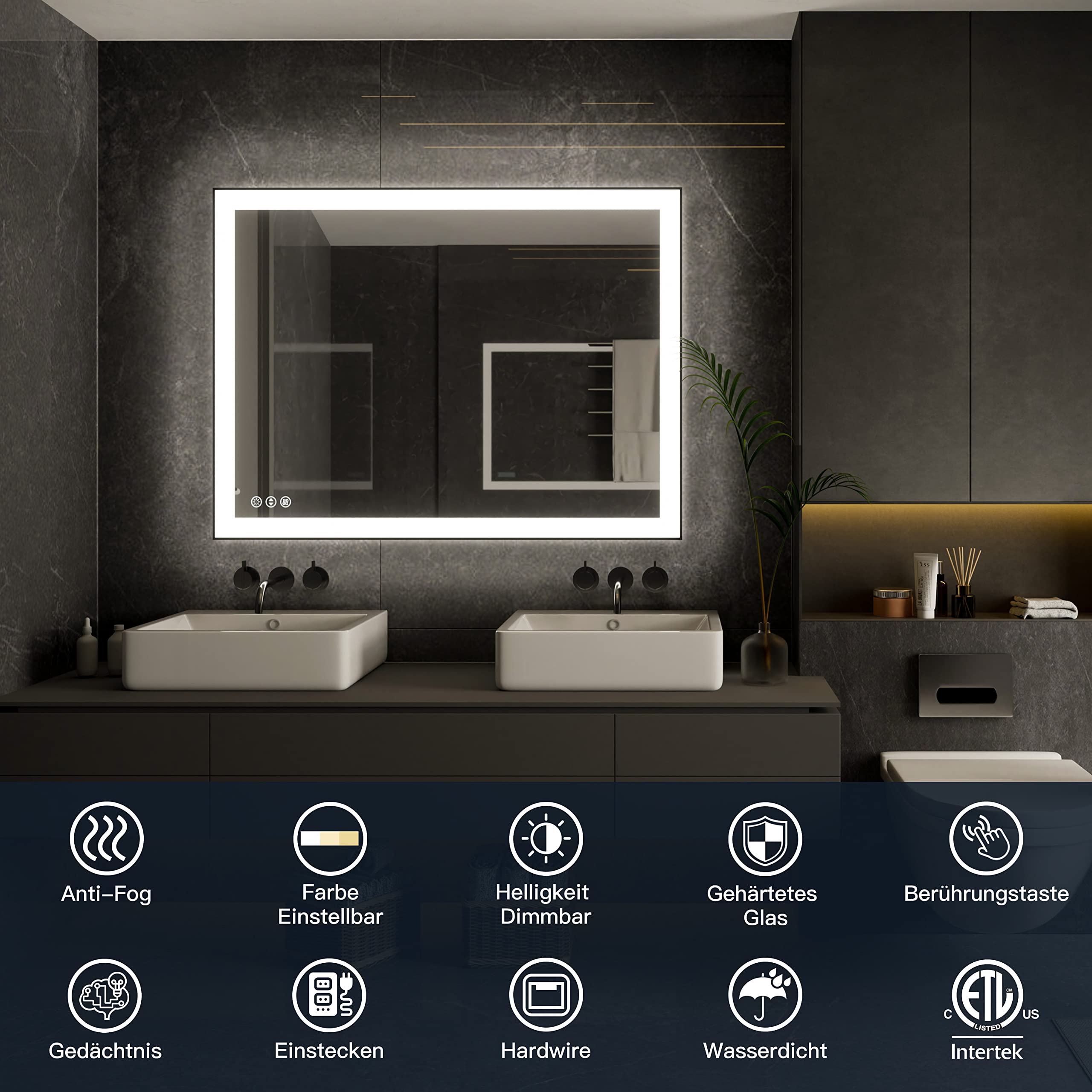 Iskm 32X24 Inch Led Bathroom Mirror With Black Frame, Front Light And Backlit, Stepless Dimmable, Anti-Fog, Shatter-Proof, Memor
