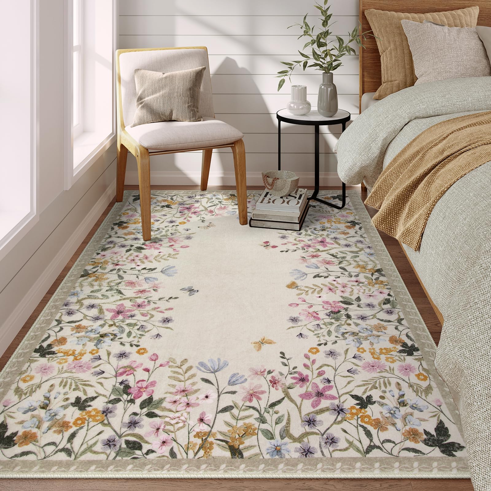Wonnitar Washable Area Rug 4x6, Green Floral Rugs for Living Room, Non-Slip Large Kitchen Throw Mat, Low-Pile Indoor Botanical F