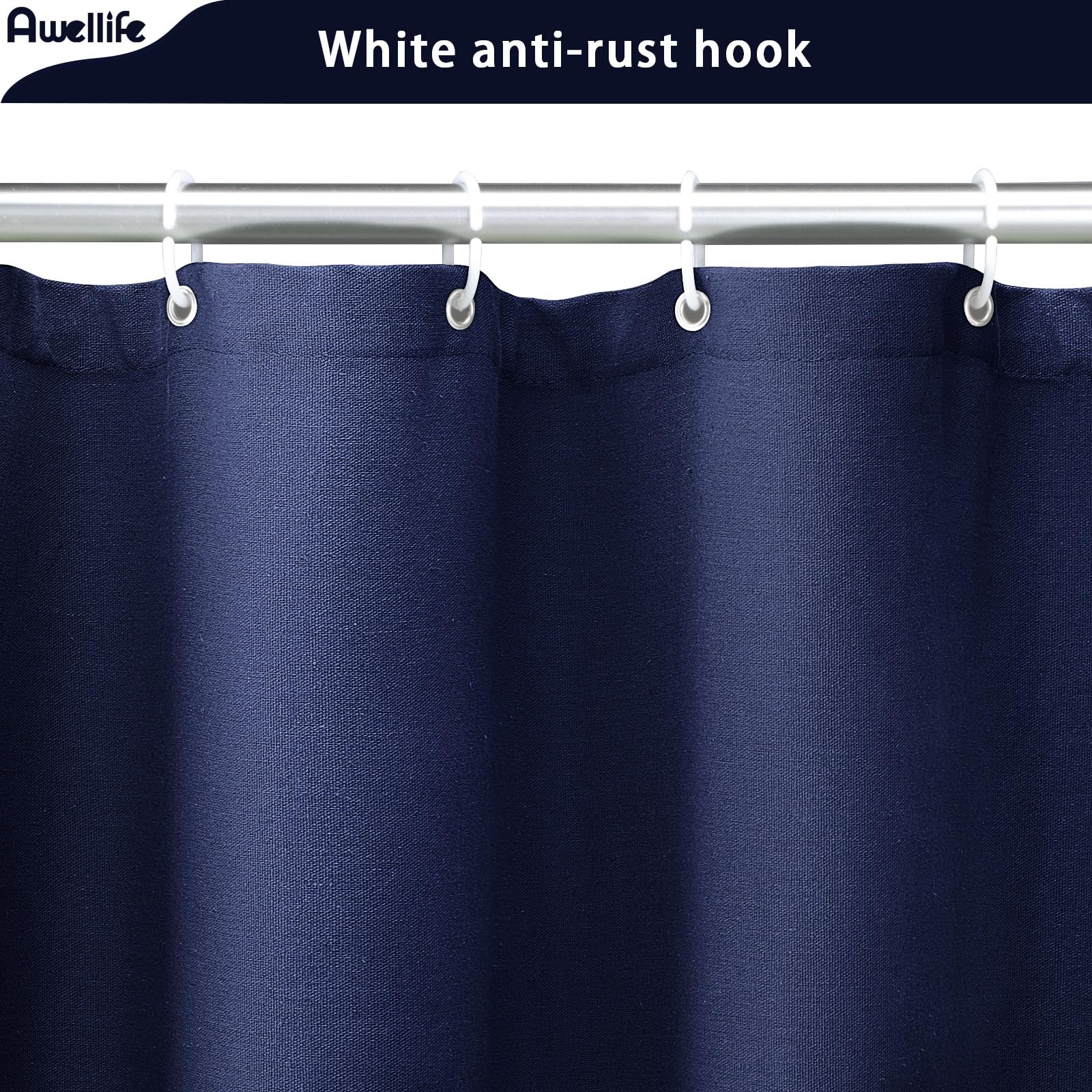 Awellife Navy Blue Linen Shower Curtain For Bathroom Natural Cotton Cloth Fabric Farmhouse Boho Shower Curtain With 12 Durable H