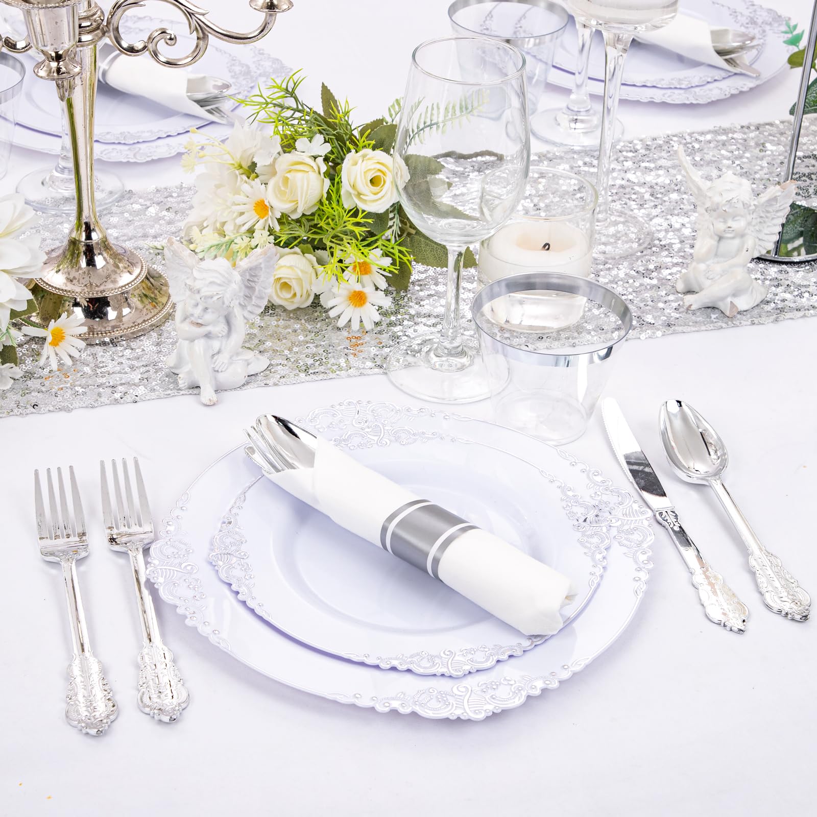 Liacere 350Pcs Silver Plastic Plates&Pre Rolled Napkins For 50 Guests - Plastic Dinnerware Sets 100Silver Disposable Plates, 150