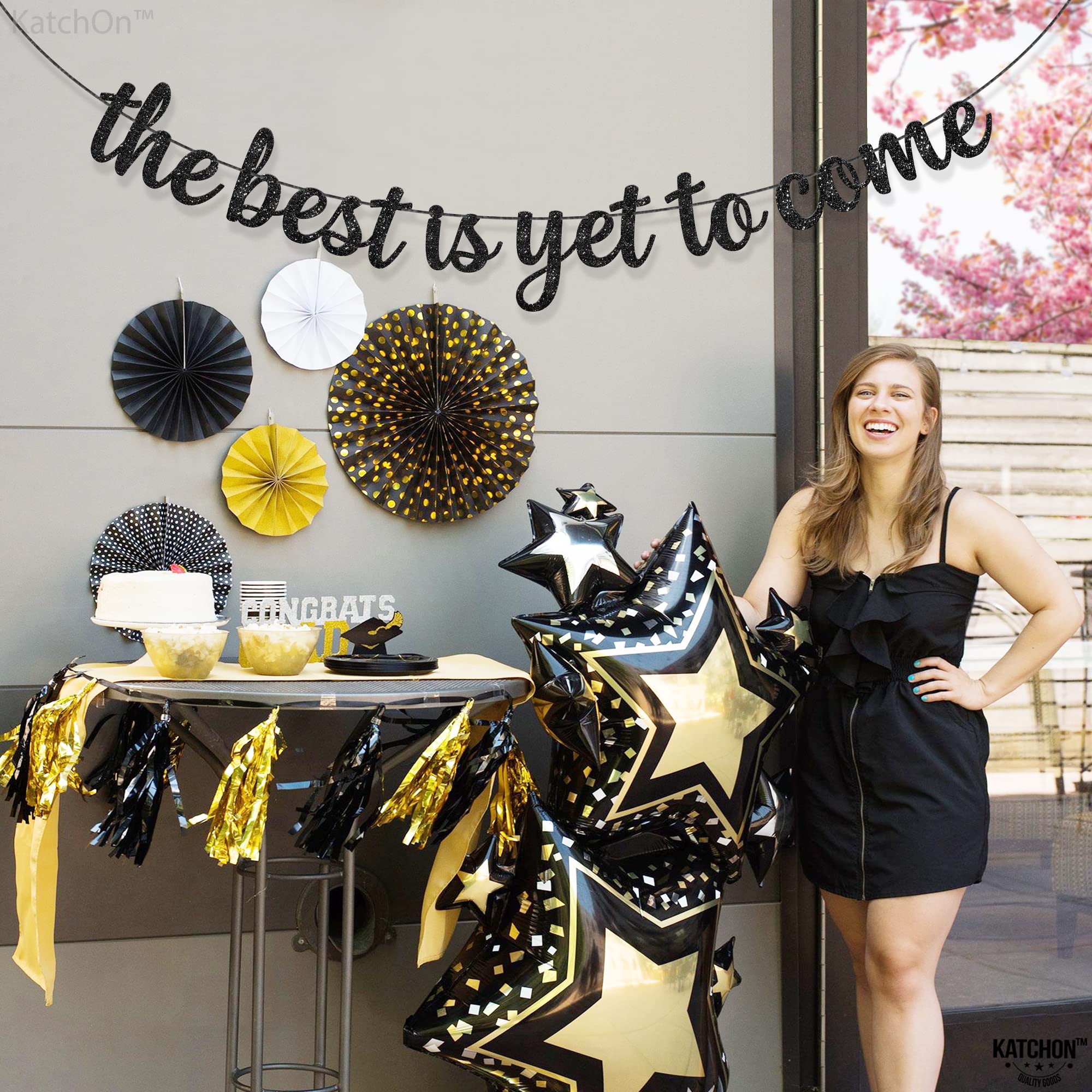 Katchon, Glitter The Best Is Yet To Come Banner - 10 Feet, No Diy | Black Congratulations Banners, Graduation Decorations Class
