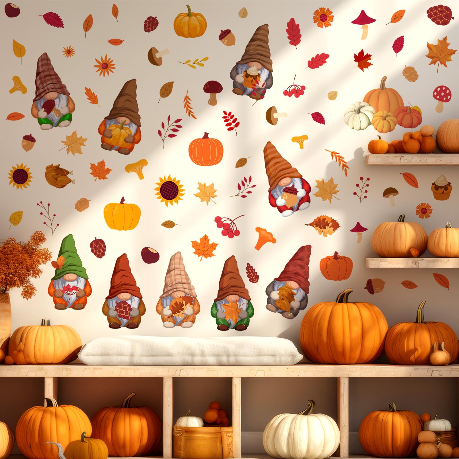 Chivertion 6 Sheets 85 Pcs Thanksgiving Gnome Wall Decals Fall Autumn Harvest Wall Decals Gnome Pumpkin Sunflower Maple Leaves W