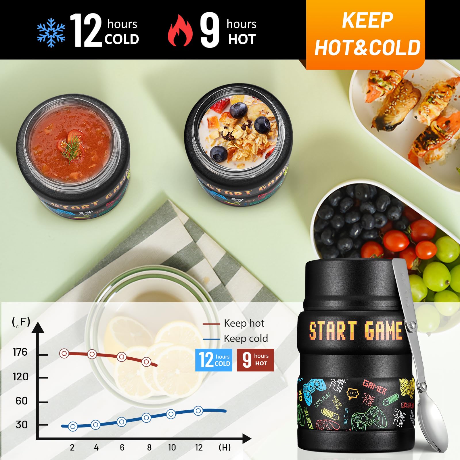 Charcy 17Oz Kids Thermo For Hot Food - Soup Thermo With Folding Spoon - Insulated Food Jar For Hot & Cold Food - Black Game