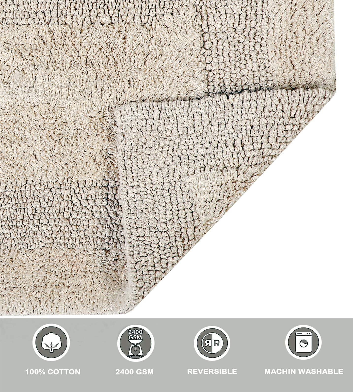 Kema Soft 100% Cotton Linen Bath Mat 17''X24'' - Regular Use Rectangular Spa Mat Rug Plush Water Absorbent, Decorative Border Fo