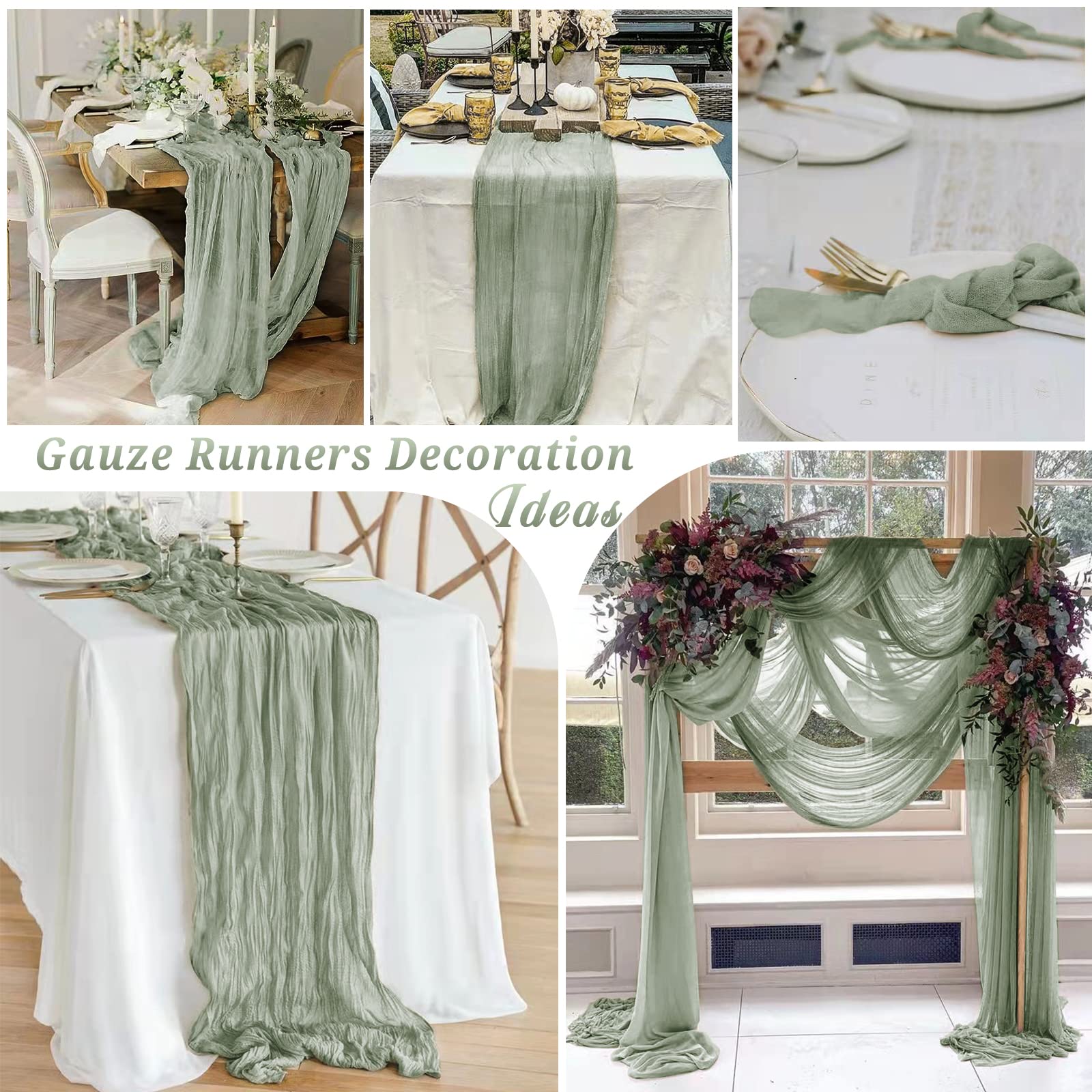 10 Pcs Sage Green Cheesecloth Table Runner 10Ft, Gauze Table Runner For Wedding Reception Sheer Bridal Shower Birthday Party Boh