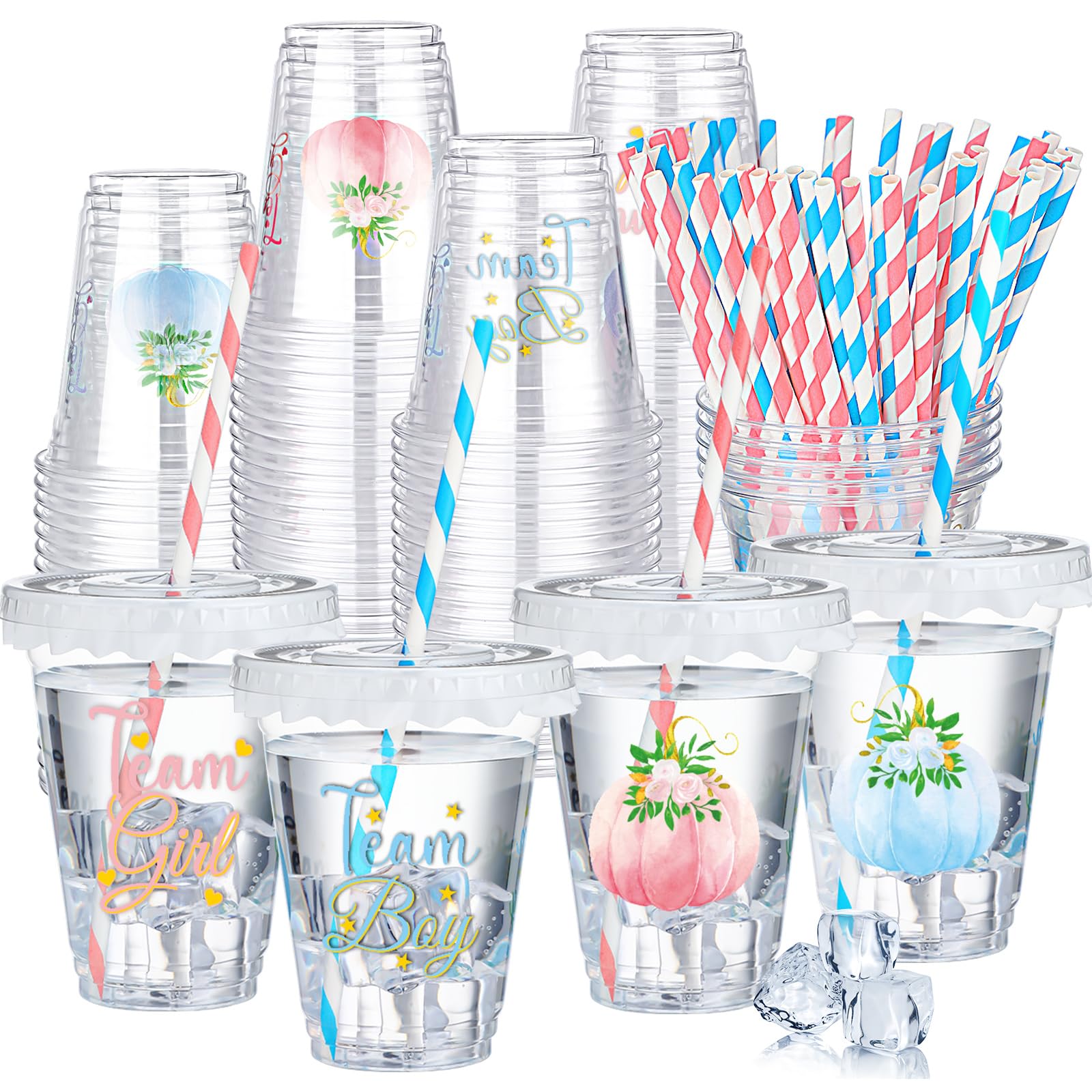 Jingmore 50 Set Pumpkin Gender Reveal Decorations 12 oz Team Boy Team Girl Cups with Lid and Straw Gender Reveal Pink and Blue C