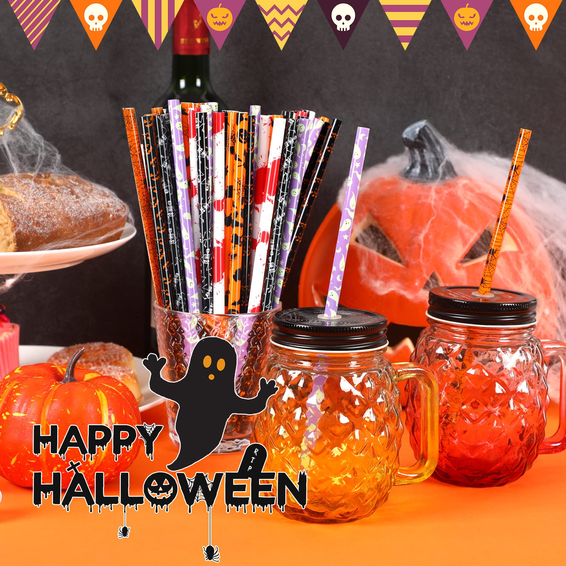 Janyun 30 Pcs Halloween Reusable Straws 9Inch Pumpkin Bat Skeleton Spider Printing Hard Plastic Drinking Straw For Mason Jar Tum