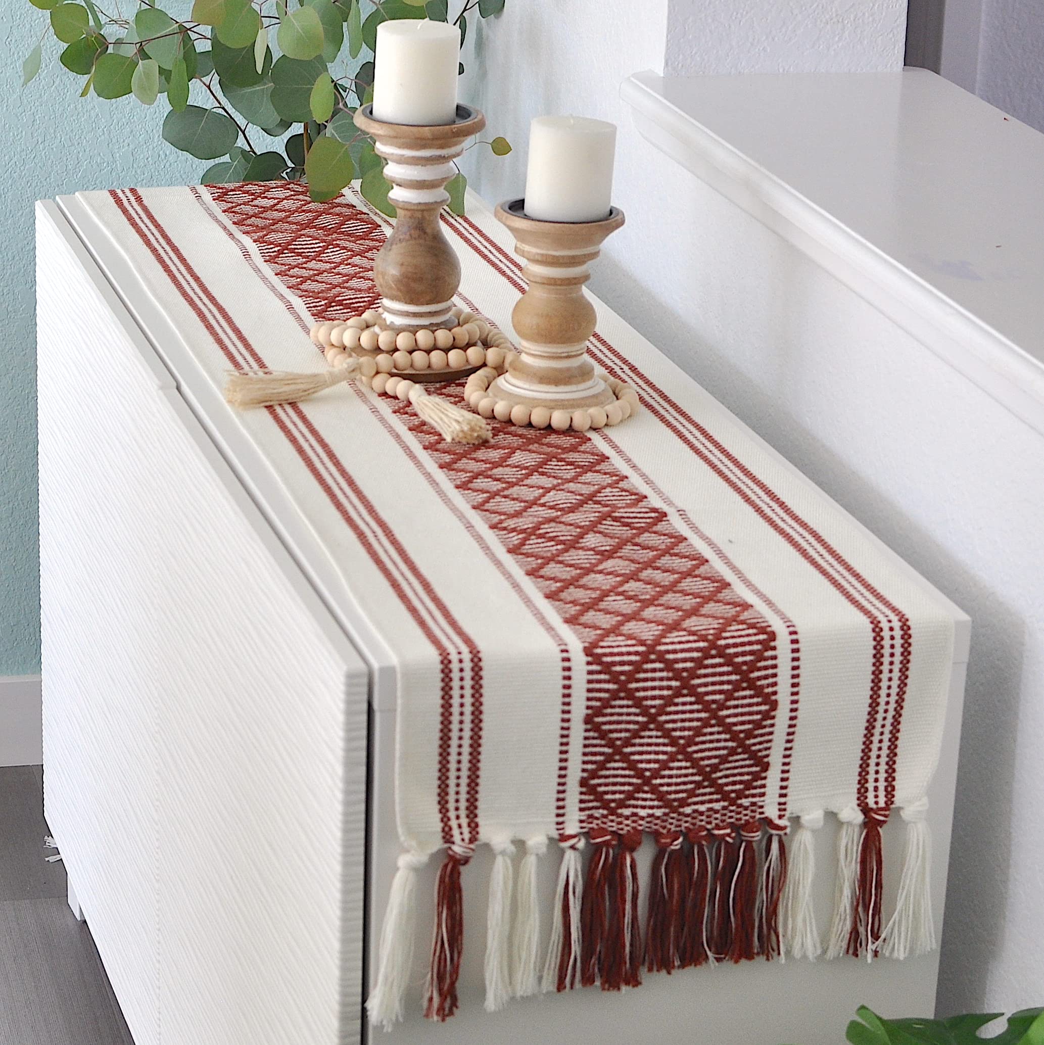 Oveesha Boho Dining Table Runner With Fringes 14 X 72 Inches, Rust Brown & Cream / Woven Washable Dresser Scarf For Bedroom, Far