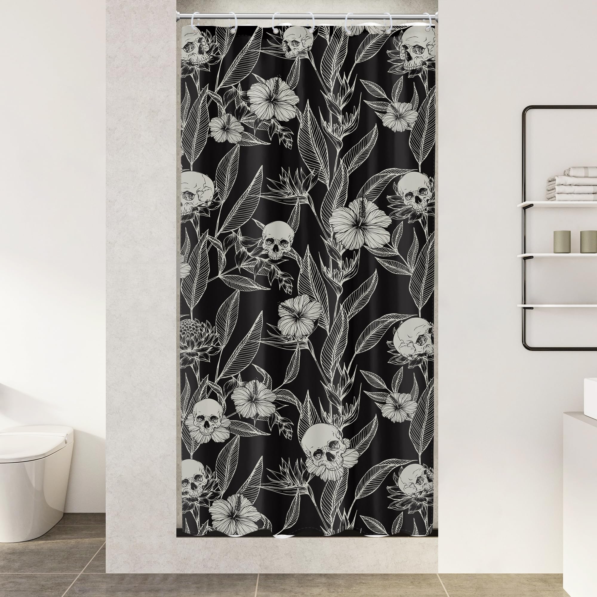 Ambzek Small Stall Gothic Skull Floral Shower Curtain 36Wx72L Inch Men Single Rv Goth Skeleton Spooky Flower Leaves Cool Hallowe