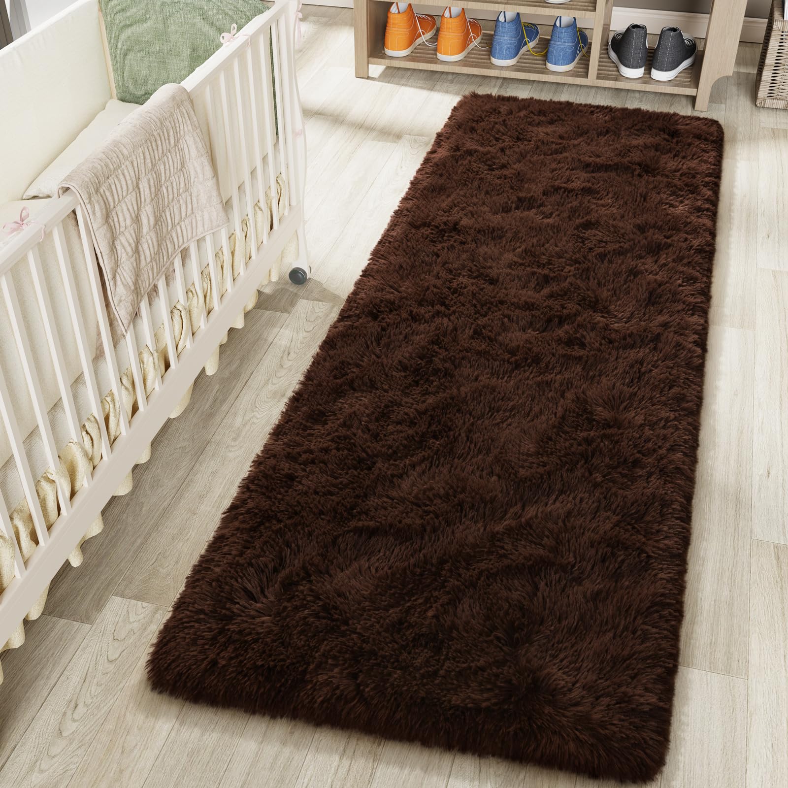 LOCHAS Ultra Soft Indoor Modern Area Rugs 2x6, Fluffy Living Room Carpets for Children Bedroom Home Decor Nursery Rug, Brown