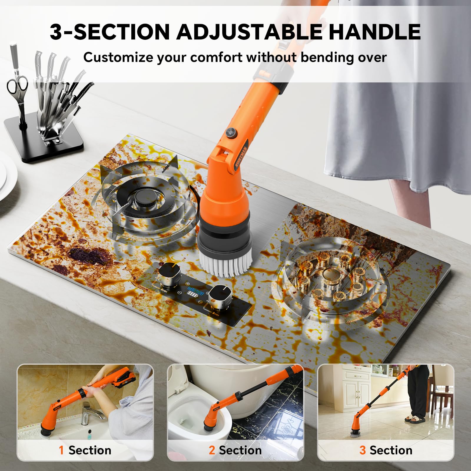 1000RPM Electric Spin Scrubber  20V Cordless Cleaning Brush with Adjustable Extension Arm  4 Replaceable Cleaning Heads  Hook and Gloves  1 Hour Fast Charge  Waterproof - for Bathroom/Tub/Tile/Floor