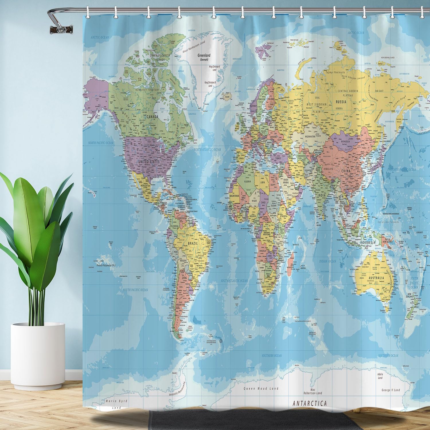 Tomoz Map Shower Curtain, World Map Shower Curtain Fabric, Geography Educational Bathroom Shower Curtain With Hooks, Kids Bathro