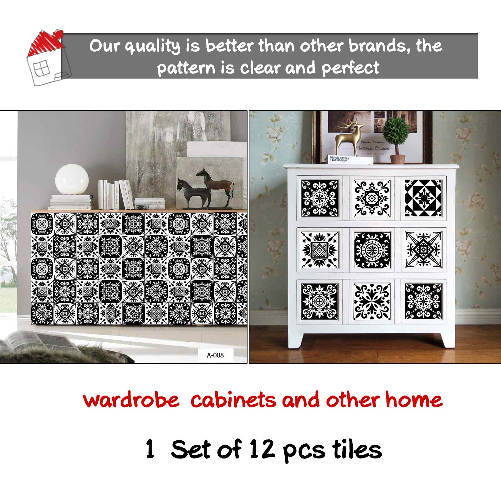 Kakofaci Black and White Tile Wall Stickers 12 Pcs (6X6 in) Kitchen and Bathroom Backsplash Decorative Stickers Removable Waterproof Decals Peel and Stick