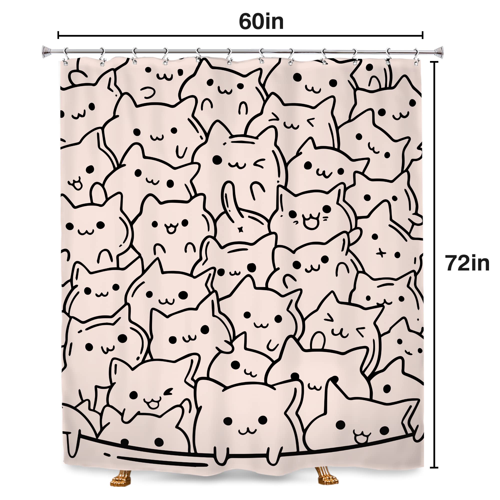 SVBright Funny Cats Shower Curtain 60Wx72L Inch Cute Pink Cartoon Kitty Kitten Animal Simple Line Humor for Kids Girls Lovely 12 Pack Hooks Polyester Waterproof Fabric Bathroom Bathtub Panels