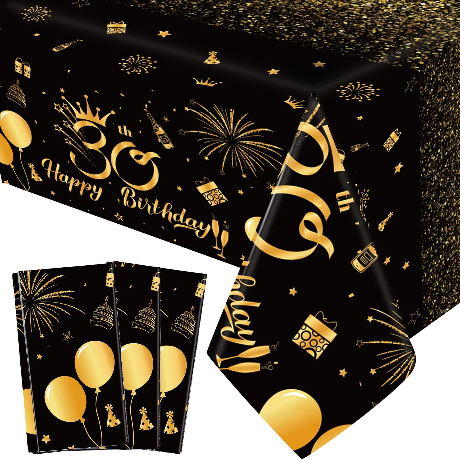 3 Pack 30Th Happy Birthday Tablecloth Disposable Plastic 30Th Birthday Table Cover Rectangular Black And Gold Table Cloths For P