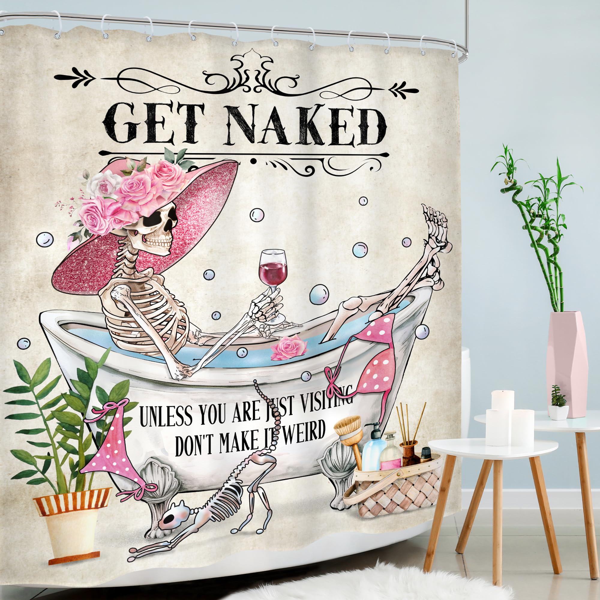 Mitpok Funny Skull Skeleton Shower Curtain 60Wx72H Halloween Gothic Spooky Fashion Girl Pink Bikini Floral Bone In Bathtub Bubbl