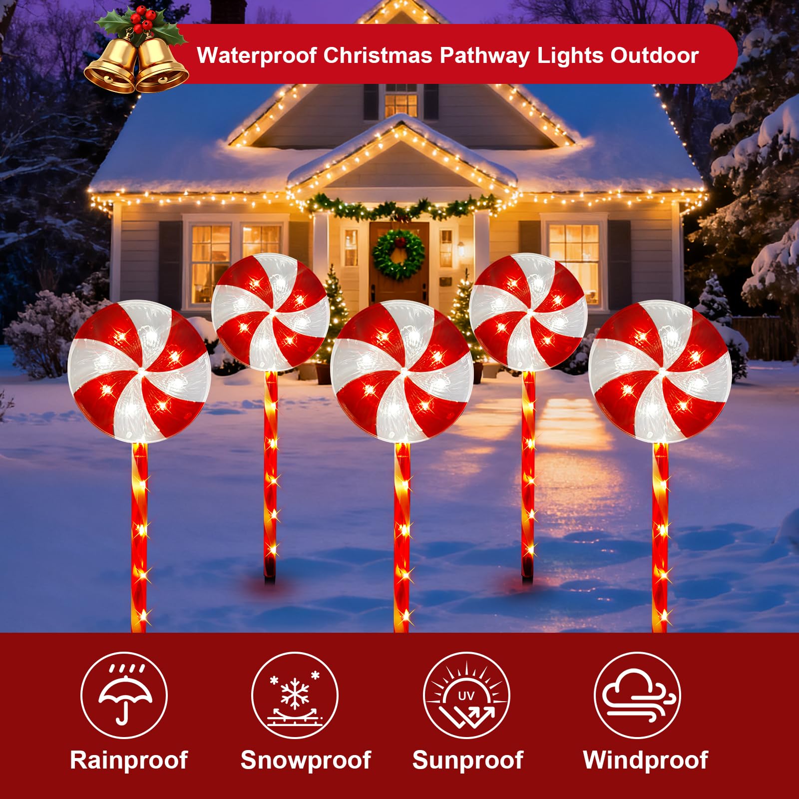 23-Inch Solar Pathway Lights Outdoor, Set of 5 Solar Outdoor Christmas Decorations - Lollipop Christmas Decorations with 8 Modes