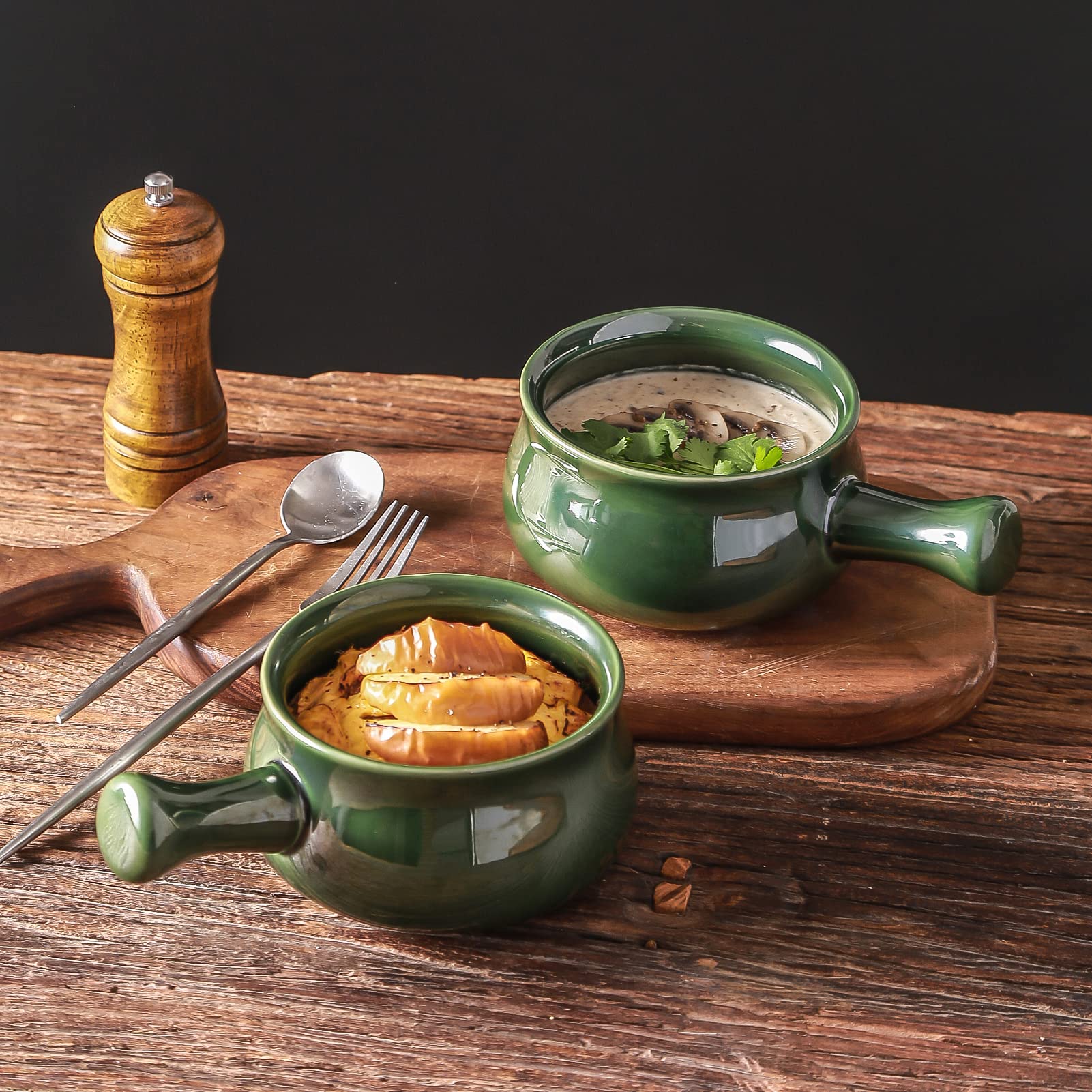 vicrays French Onion Soup Bowls With Handles  26 Ounce for Soup  Chili  Beef Stew  Chip Resistant  Dishwasher Microwave Safe  Set of 4 (Green)