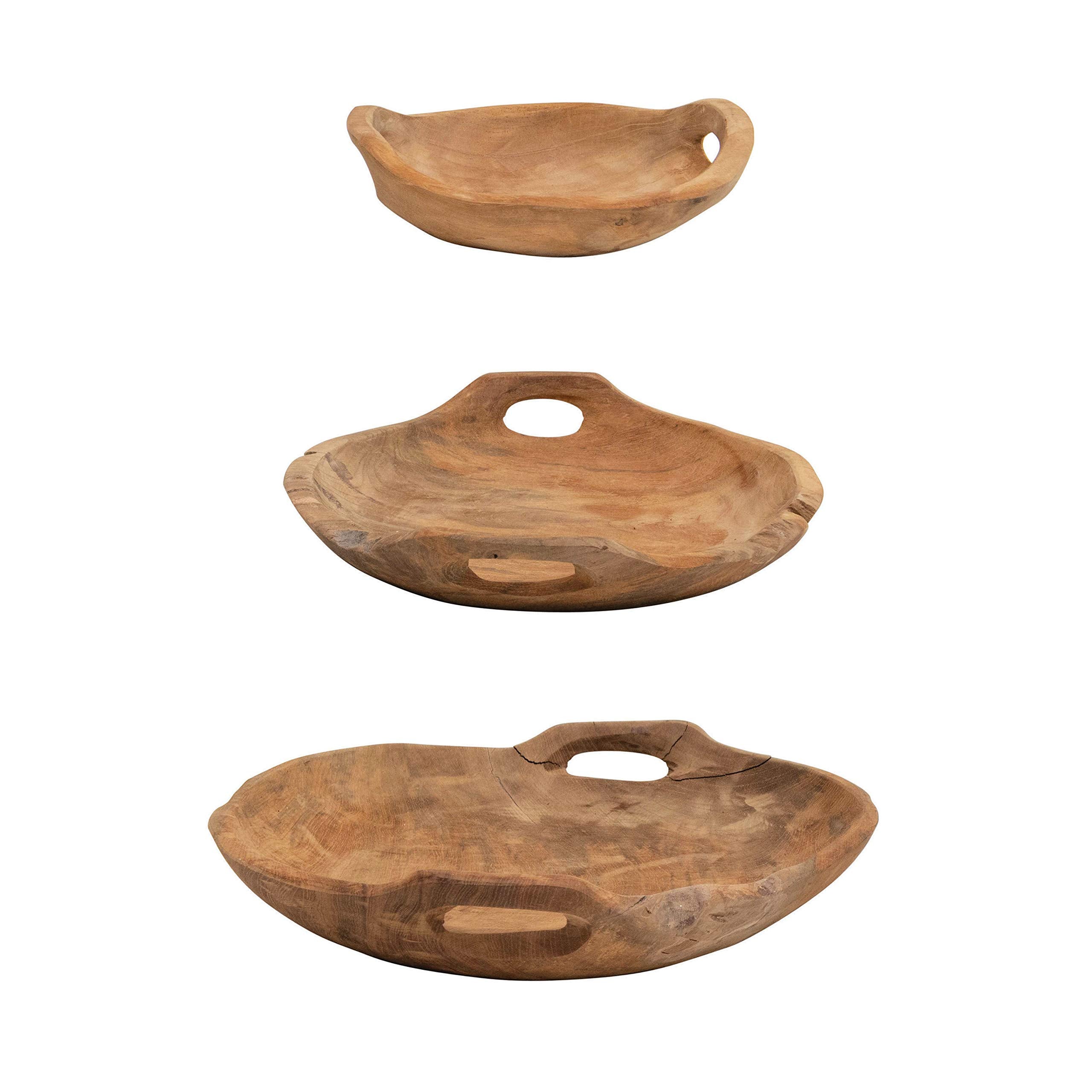 Creative Co-Op Teak Wood Handles, Set Of 3 (Each One Will Vary) Bowl, Natural, 3